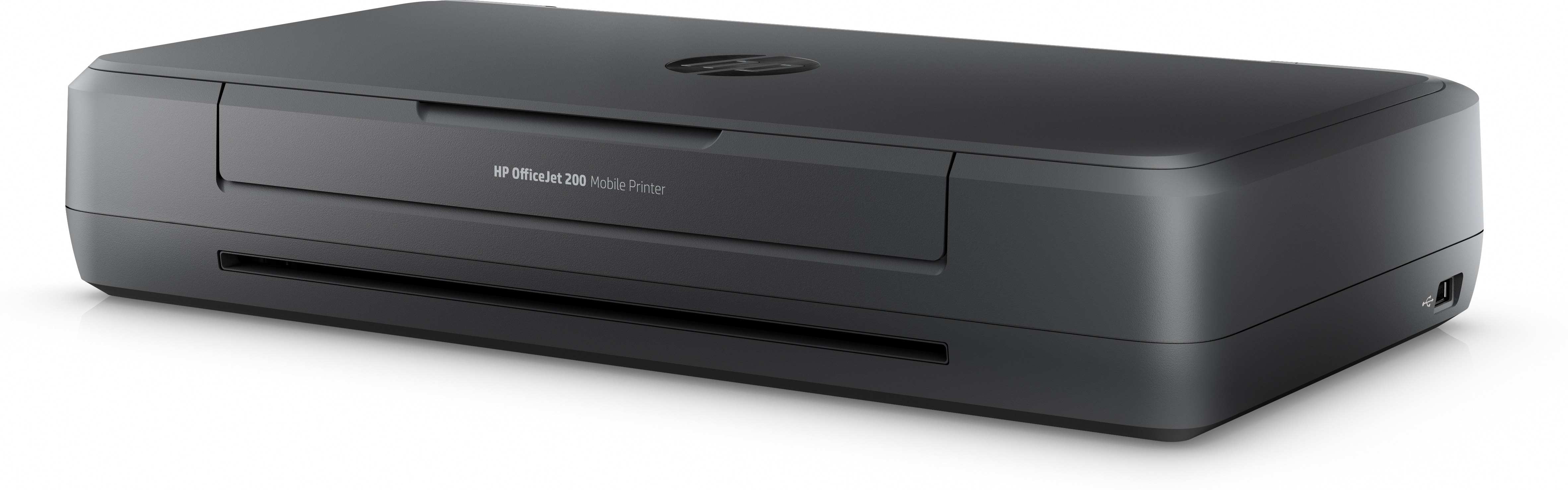 Schwarzer HP OfficeJet 200 Mobile Drucker. Es ist ein rechteckiges, flaches Gerät mit USB-Anschluss rechts.