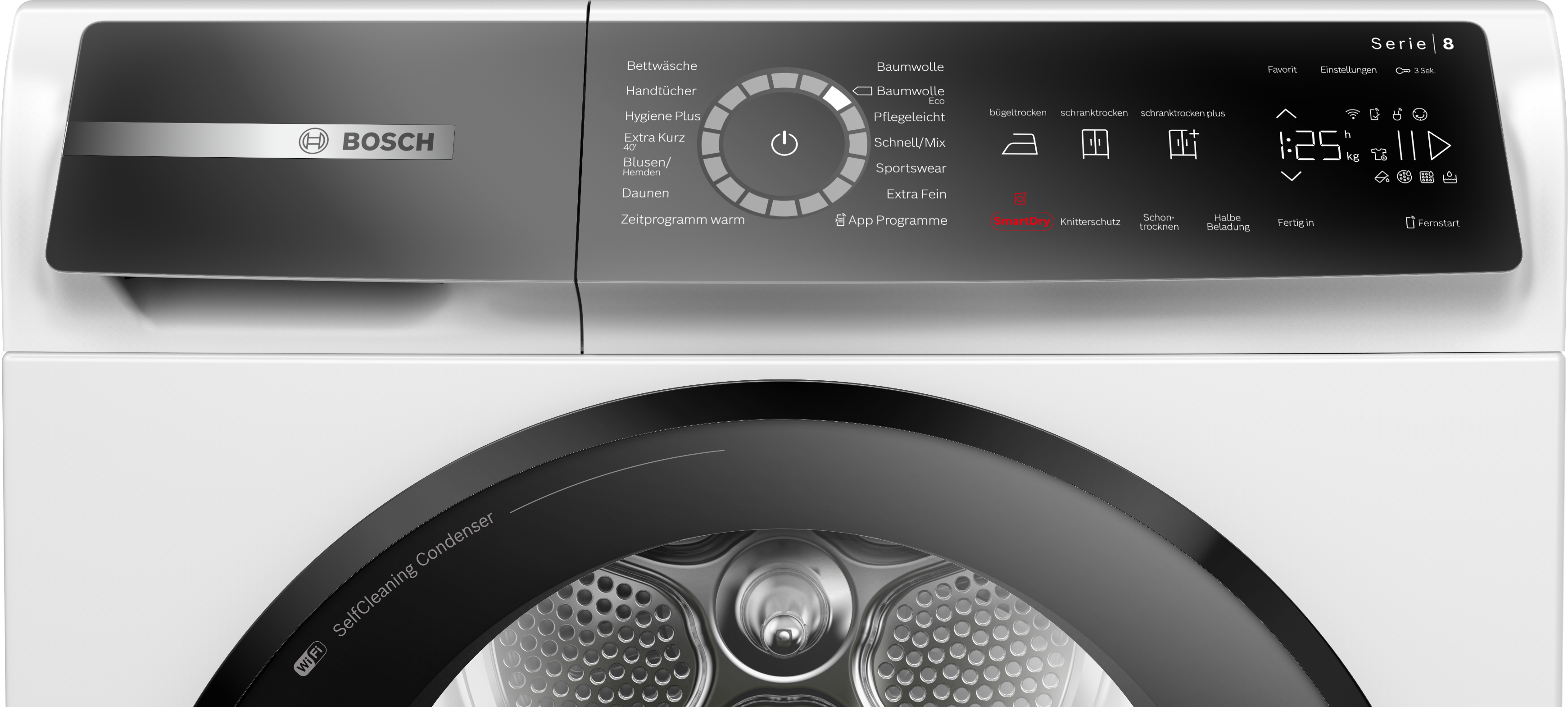 Eine weiße Bosch Serie 8 Trockner-Frontplatte. Das Bedienfeld und die Tür sind sichtbar.