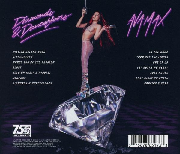 Albumhoes met een vrouw op een diamant. Tekst: Diamonds & Dancefloors, Ava Max.