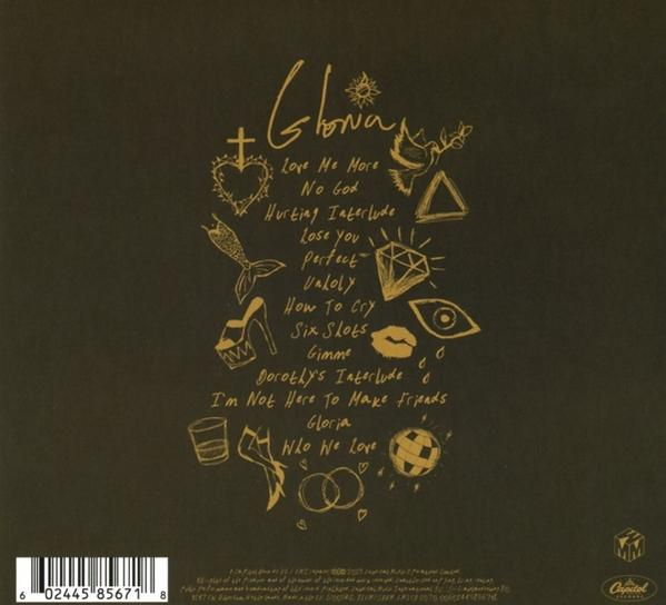 Rückseite einer CD-Hülle mit Songtiteln und Kritzeleien in Gold auf dunklem Hintergrund.