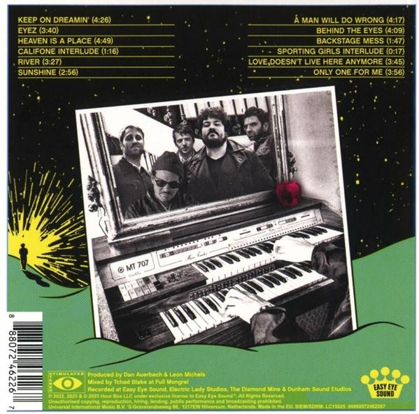 Rückseite einer CD mit Bandfoto im Spiegel, Keyboard und Songliste.