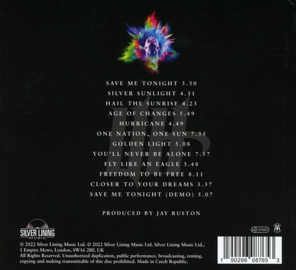 Albumcover mit farbenfroher Explosionsgrafik und einer Liste von Songtiteln.