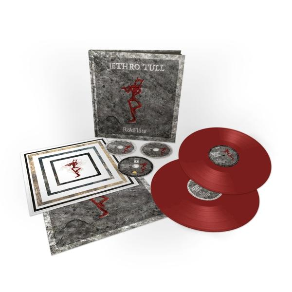 Jethro Tull Album-Set mit Schallplatten, CD und Booklet. Rote Vinylplatten rechts. Text „RökFlöte“ sichtbar.