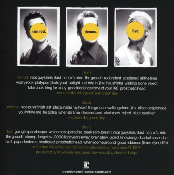 A Green Day album hátulja, a számlistákkal és a fotókkal.