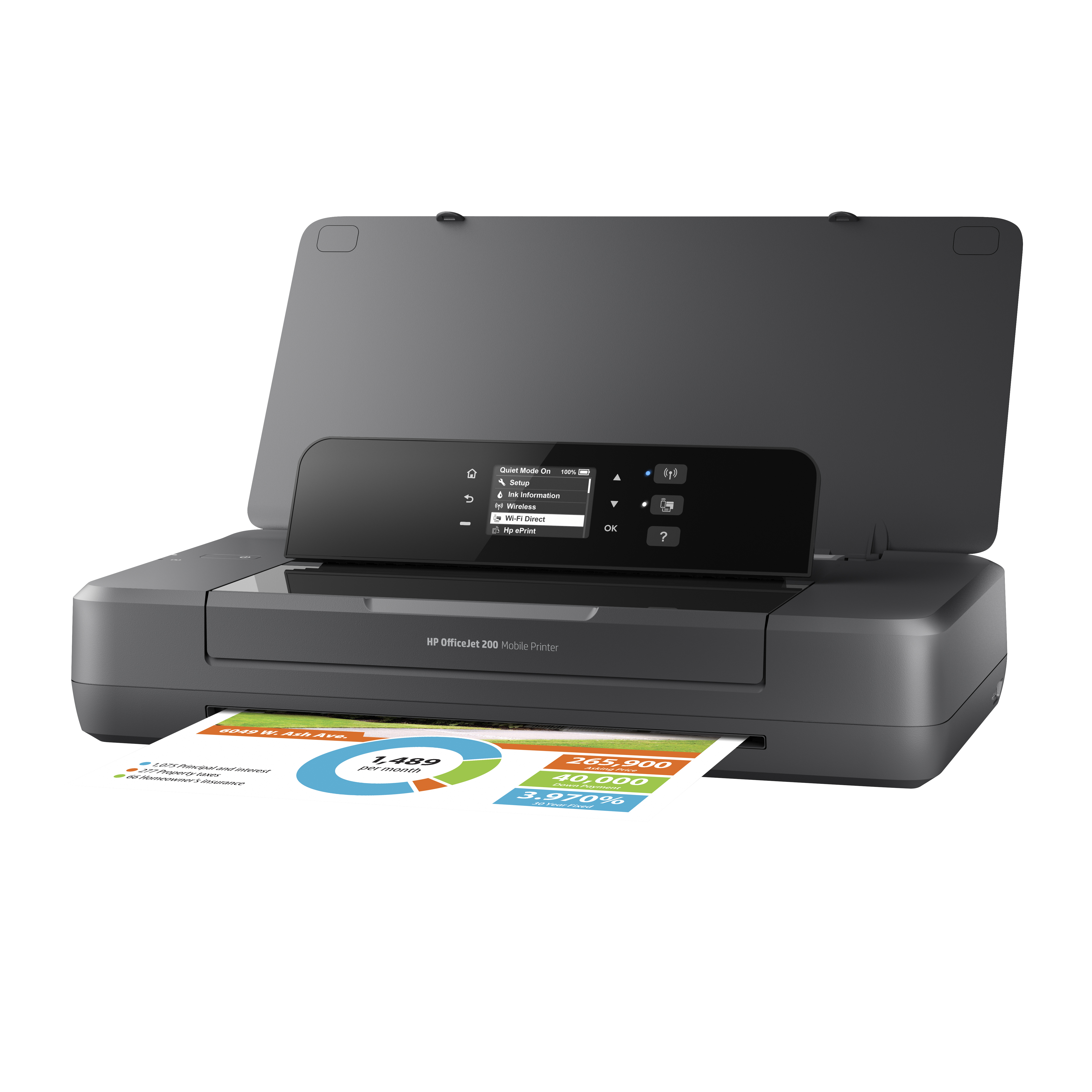 HP OfficeJet 200 Mobiler Drucker, offen, druckt ein Dokument.