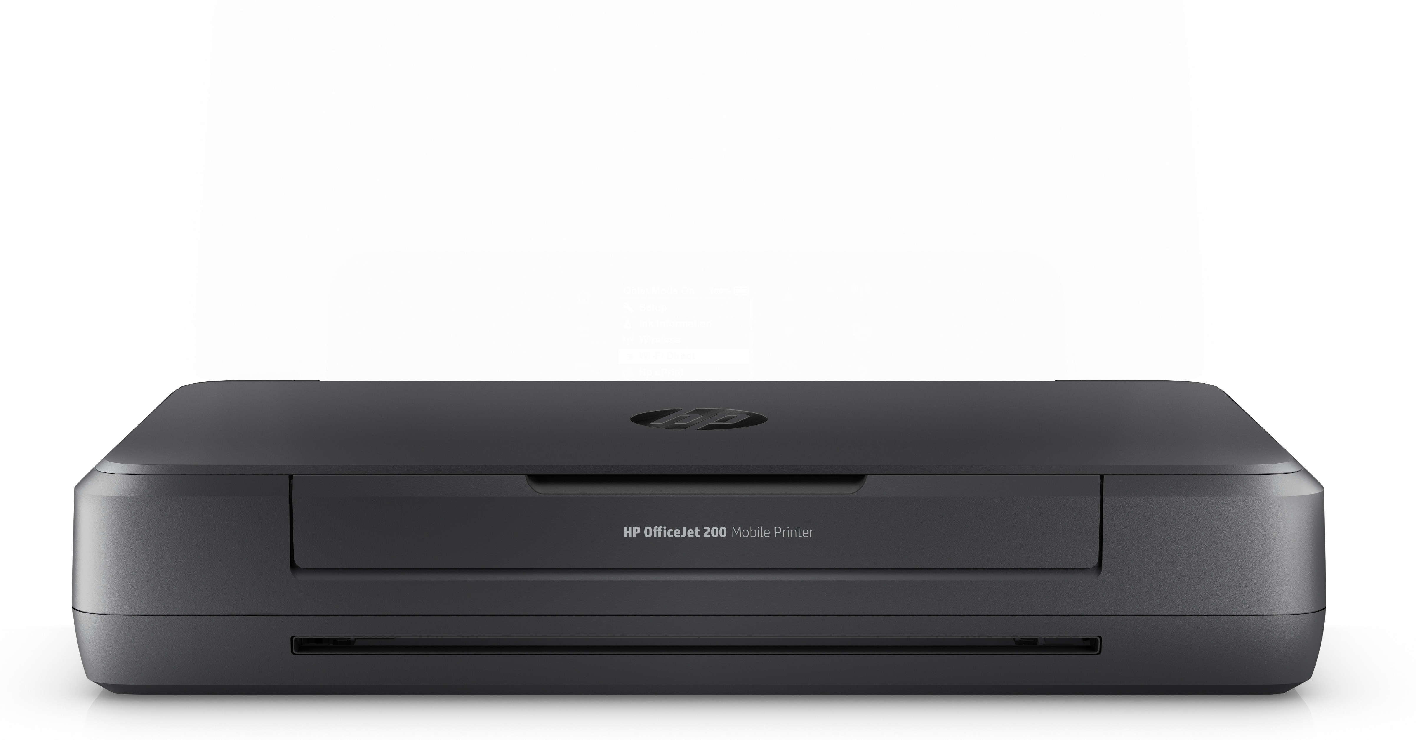 Ein schwarz-grauer HP OfficeJet 200 Mobile Drucker auf weißem Hintergrund.