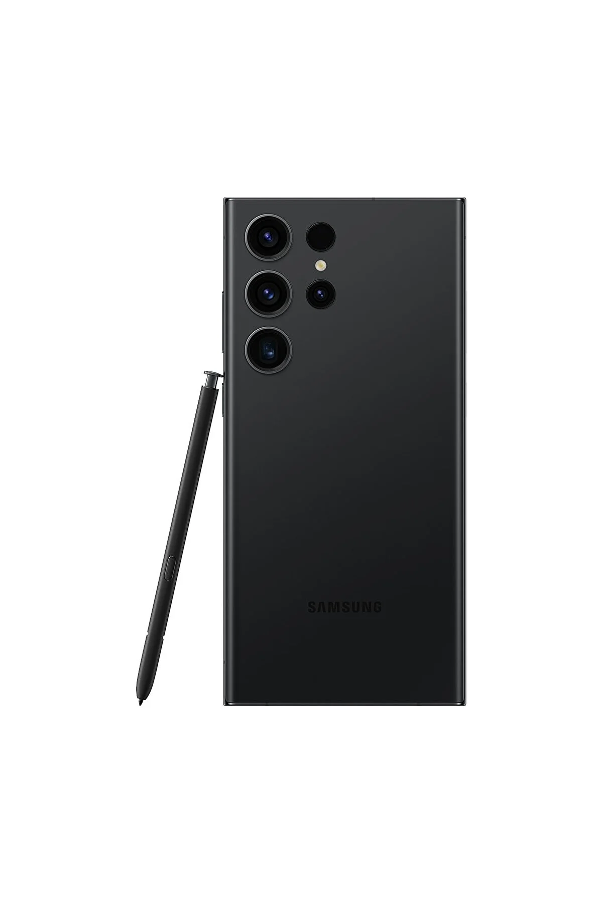 Siyah Samsung telefon, arka görünüm, üçlü kamera ve S-Pen. Beyaz zemin.