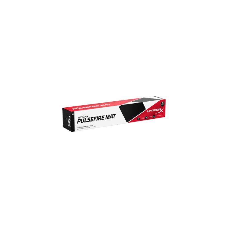 Görselde beyaz zemin üzerinde bir HyperX Pulsefire Mat kutusu gösteriliyor. Kutu kırmızı ve siyah renklerde.