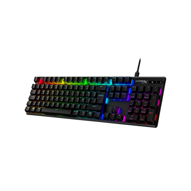 Gökkuşağı renkli ışıklı siyah oyun klavyesi. Sağ üstte HyperX logosu.