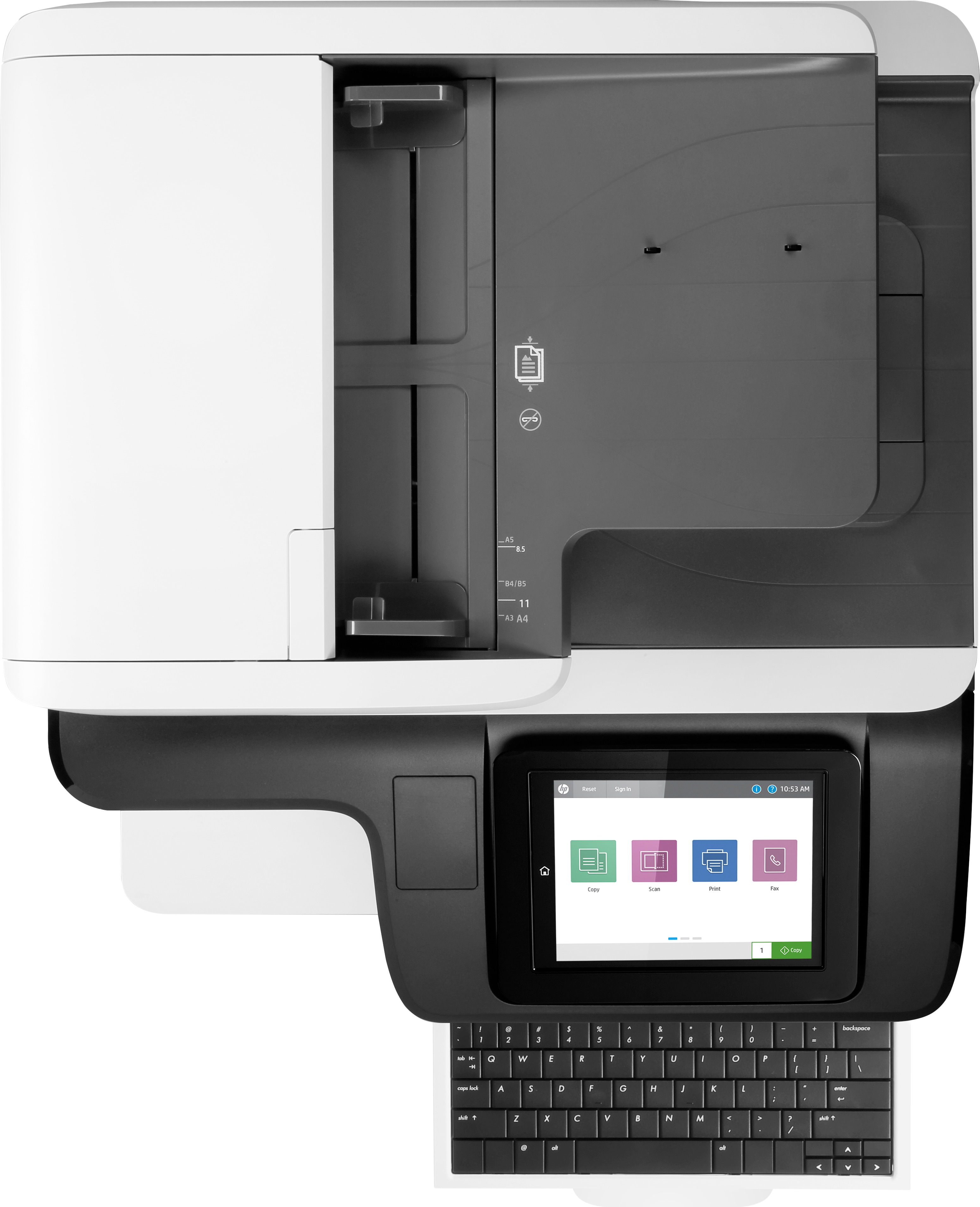 Draufsicht auf weißen und schwarzen Drucker mit Touchscreen und Tastatur.