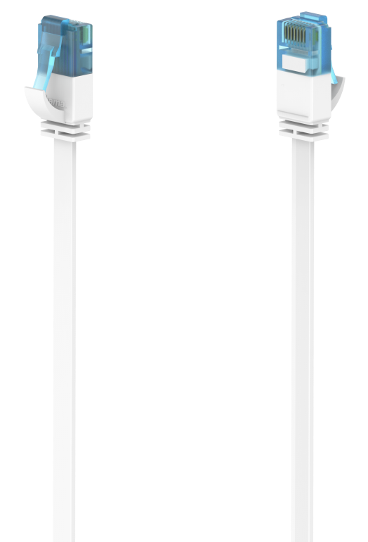 Két fehér Ethernet-kábel fekete háttéren. A kábelek kék és fehér csatlakozókkal rendelkeznek.