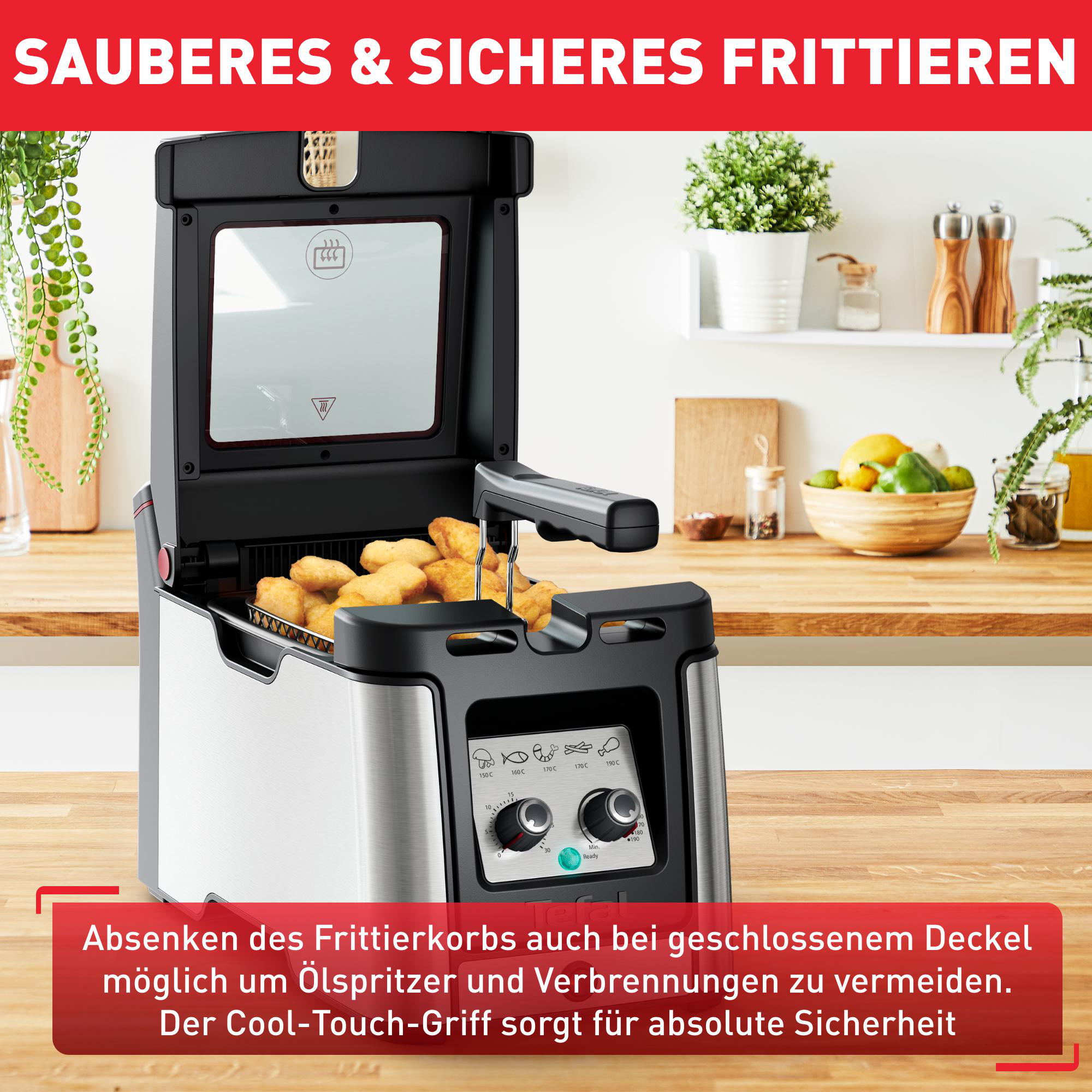 Eine Fritteuse mit Essen darin. Text: Sauberes & sicheres Frittieren. Der Cool-Touch-Griff sorgt für Sicherheit.