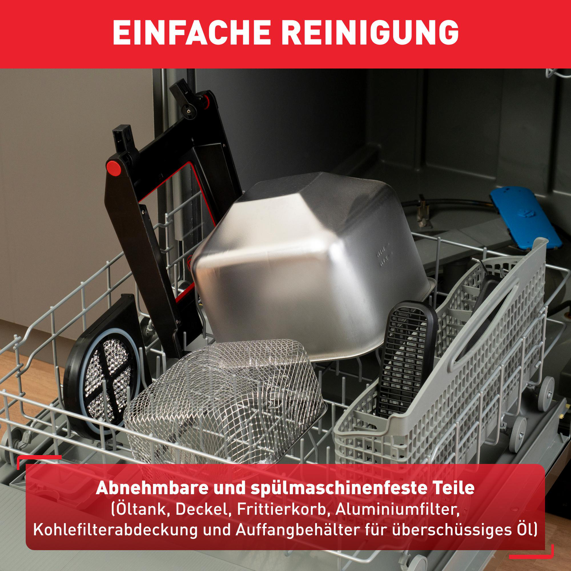 Geschirrspüler mit Teilen im Inneren. Der rote Text lautet: Abnehmbare und spülmaschinenfeste Teile (Öl, Deckel, Filter usw.).