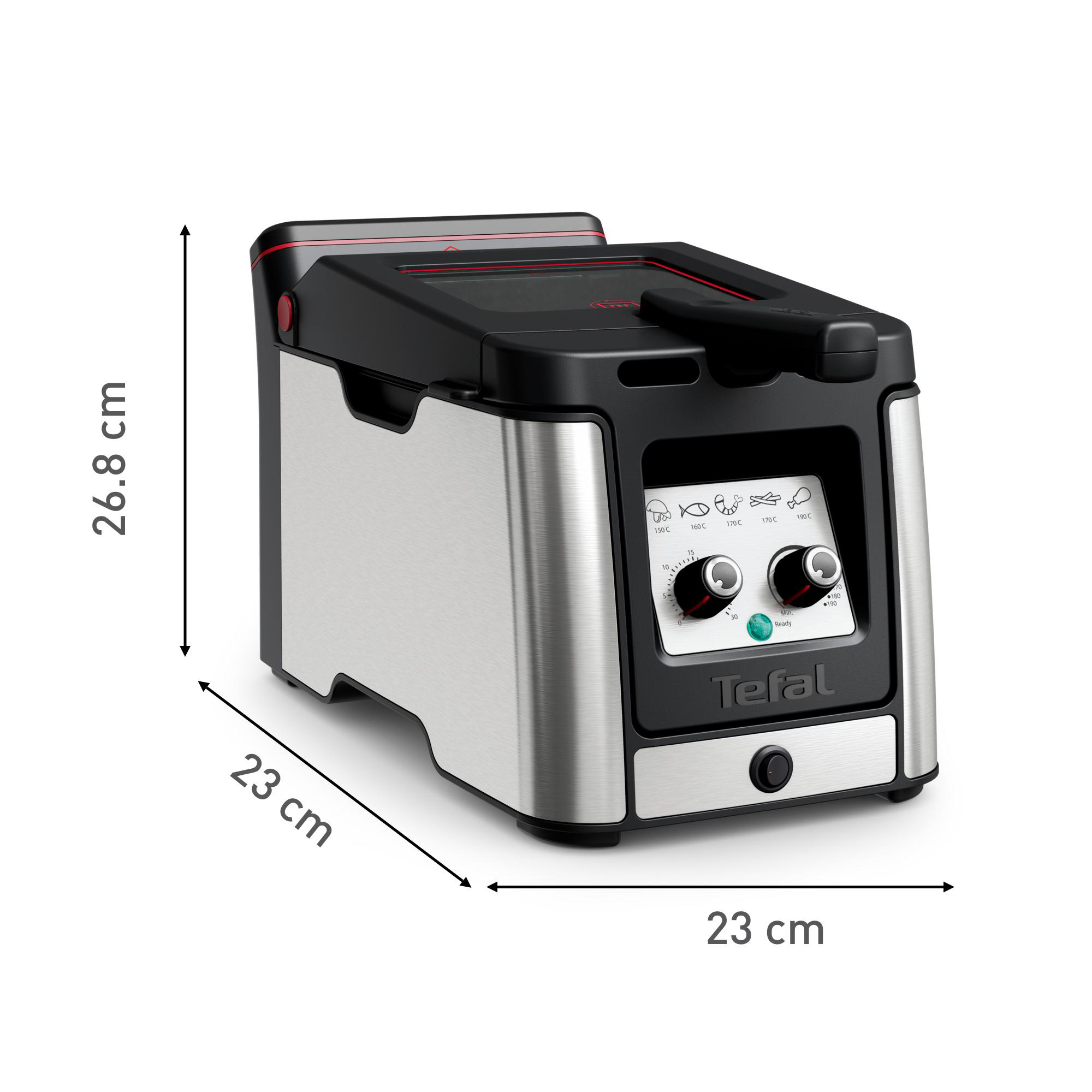 Eine Tefal-Fritteuse, silber und schwarz, mit Abmessungen.