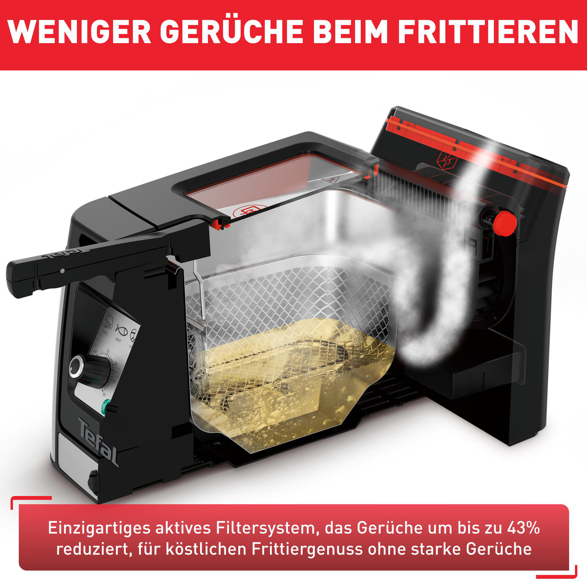 Eine Fritteuse mit Dampf. Text erwähnt die Reduzierung von Gerüchen.