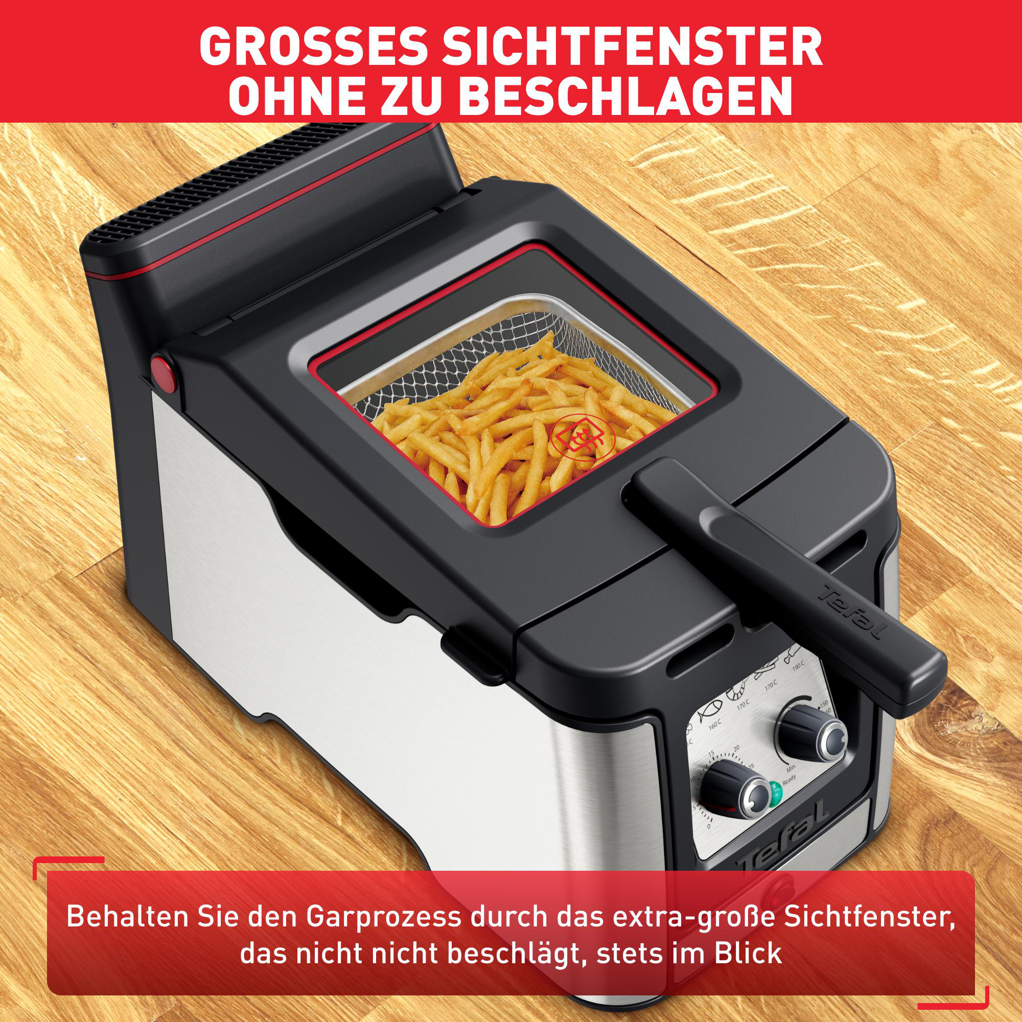 Fritteuse mit Pommes Frites. Text: Behalten Sie den Garprozess durch das extragroße Sichtfenster im Blick.