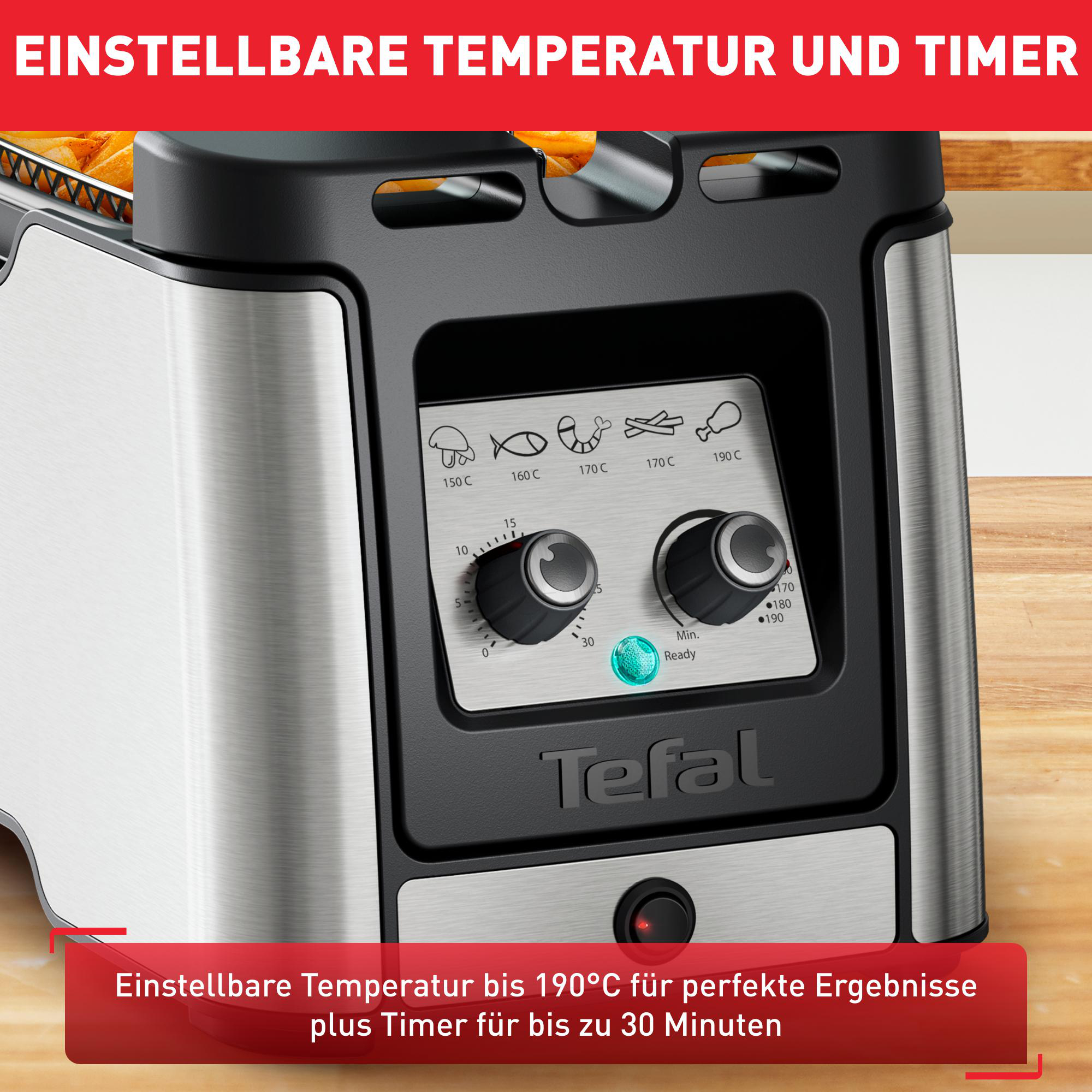 Nahaufnahme eines Friteusen-Bedienfelds mit Temperatur- und Timer-Drehreglern.