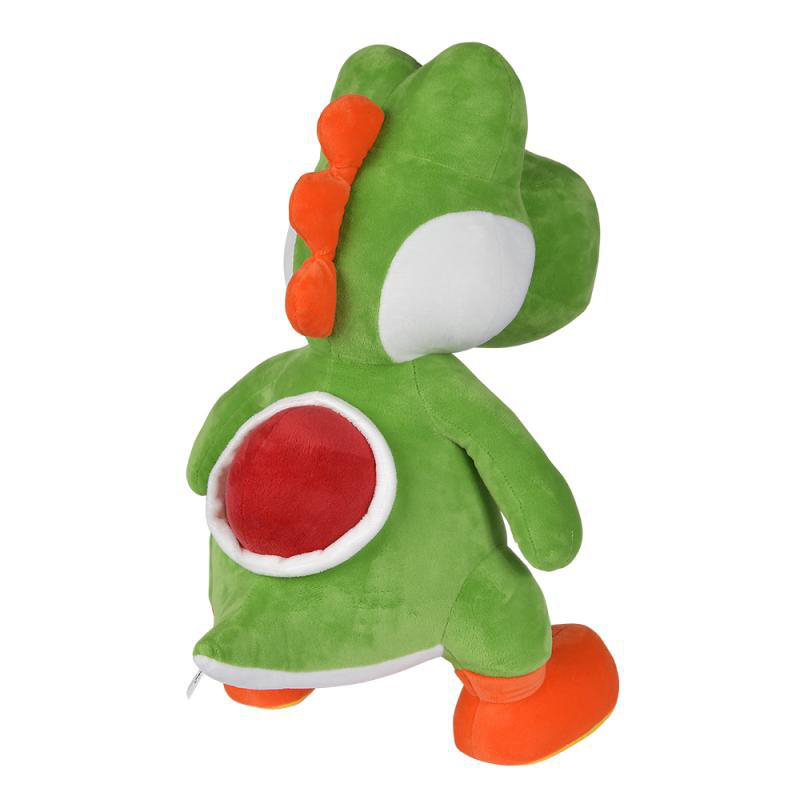 Grünes Yoshi-Plüschtier mit orangefarbenen Akzenten an Kopf, Füßen und rotem Bauch. Weißer Bauchumriss. Hintergrund ist weiß.