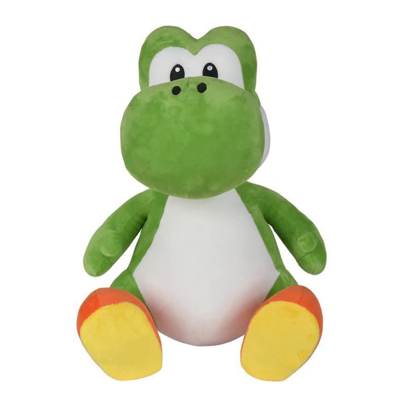 Ein Plüschtier von Yoshi, einem grünen Dinosaurier mit weißem Bauch, rot-gelben Schuhen und schwarzen Augen. Er sitzt auf weißem Hintergrund.