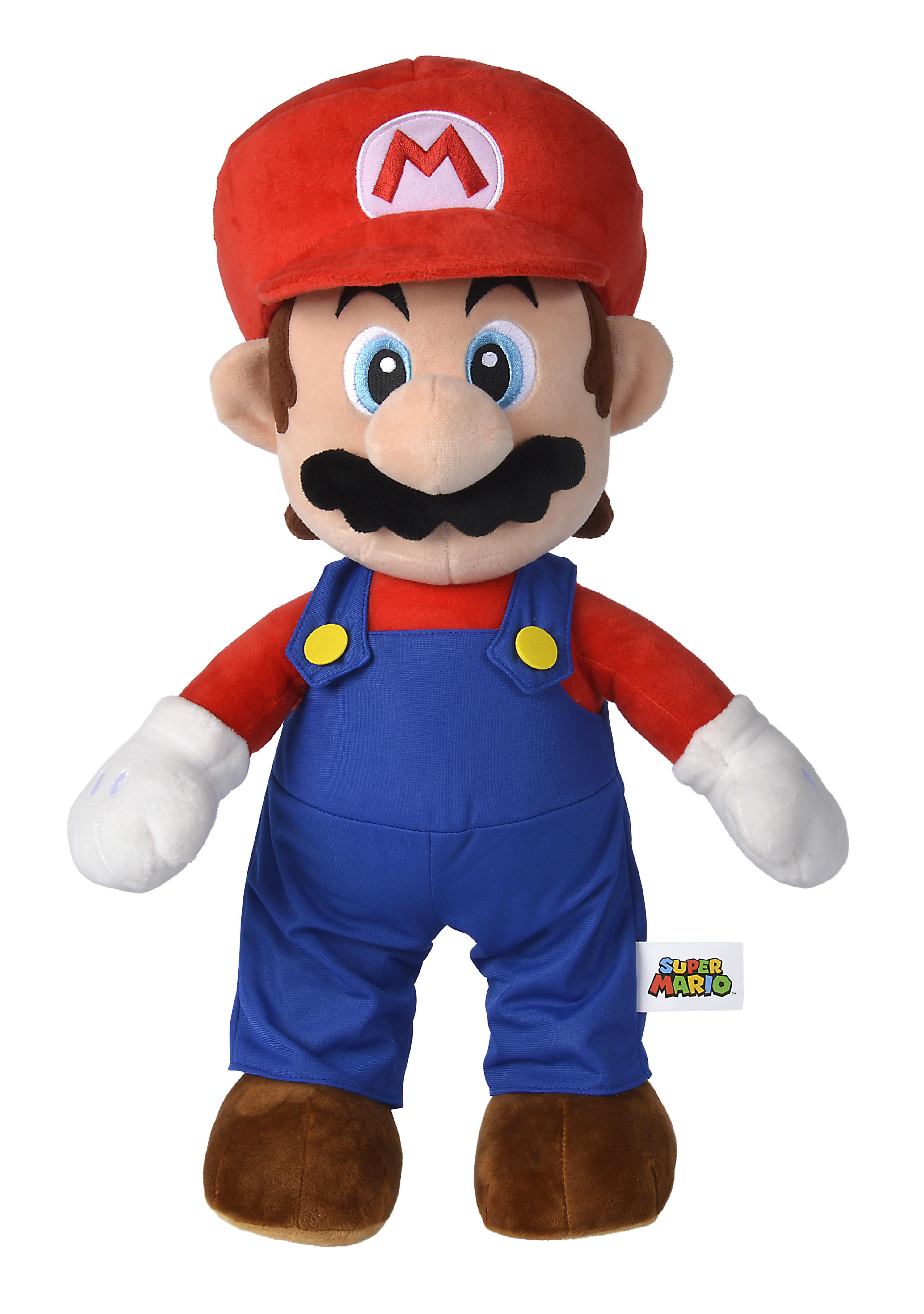 Plüschfigur von Mario mit roter Mütze, blauer Latzhose und braunen Schuhen.