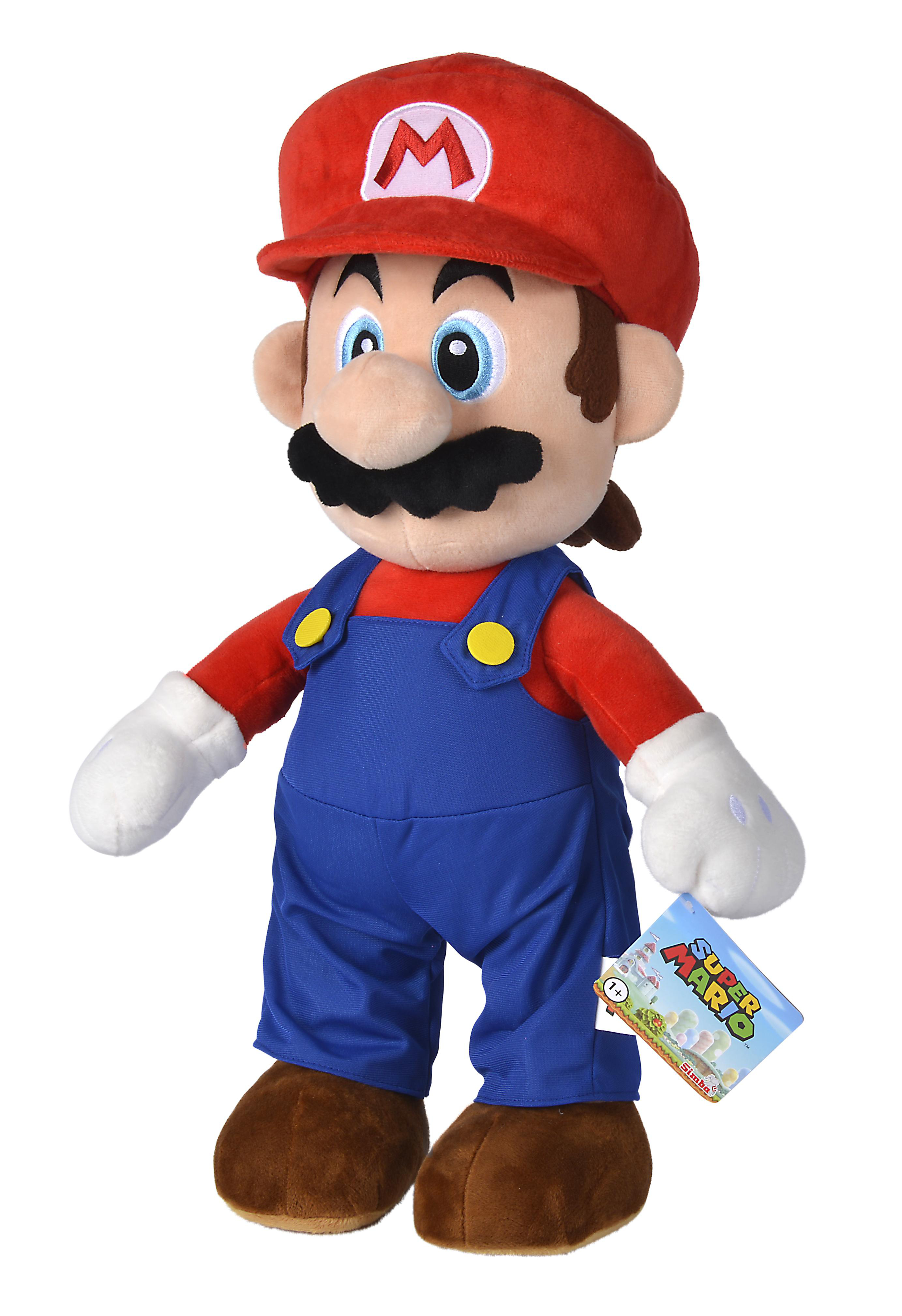 Plüschfigur von Mario in Rot, Blau und Braun mit Super Mario-Etikett.