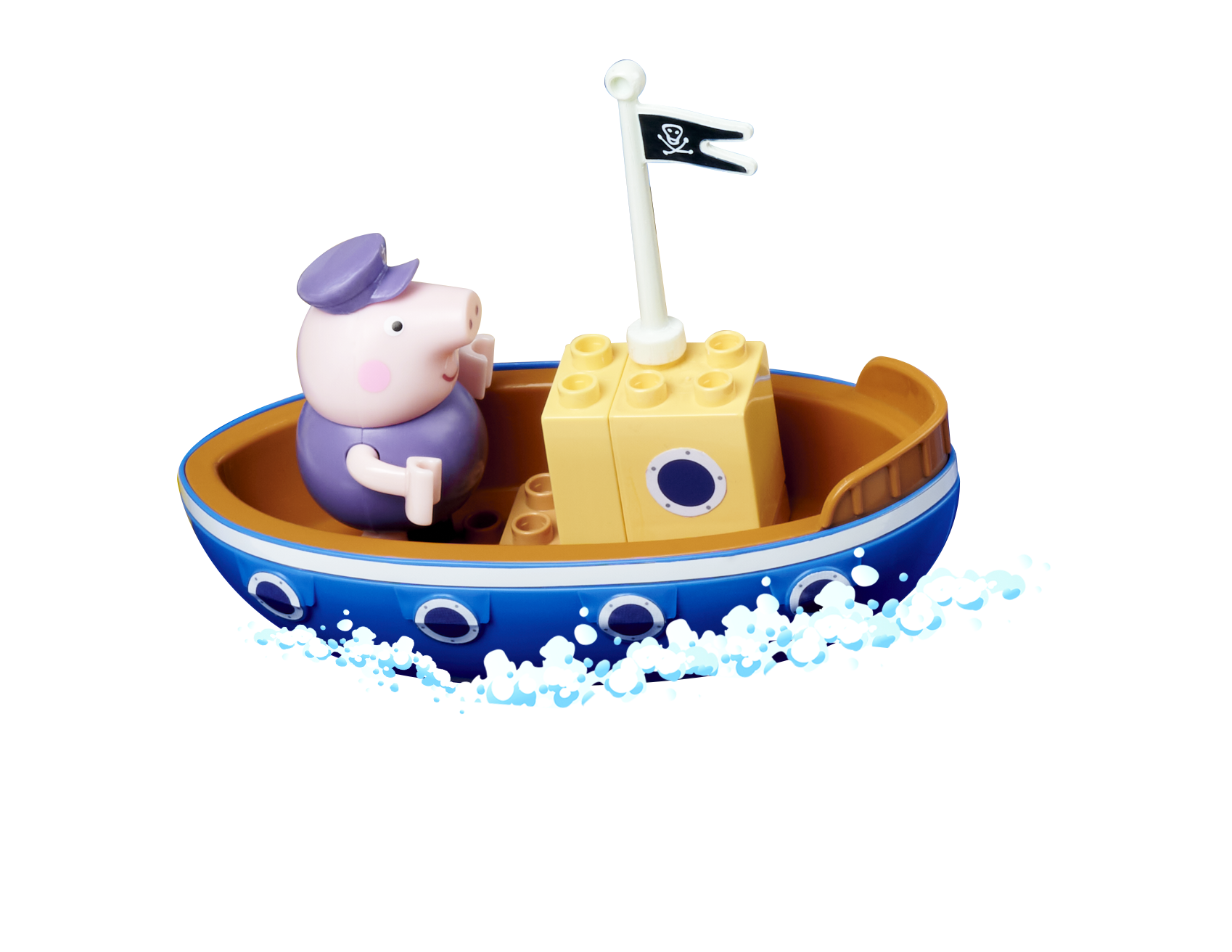 Peppa Pig Spielzeug in einem Boot mit Piratenflagge. Das Boot ist blau und braun und hat weißes Wasser um sich herum.