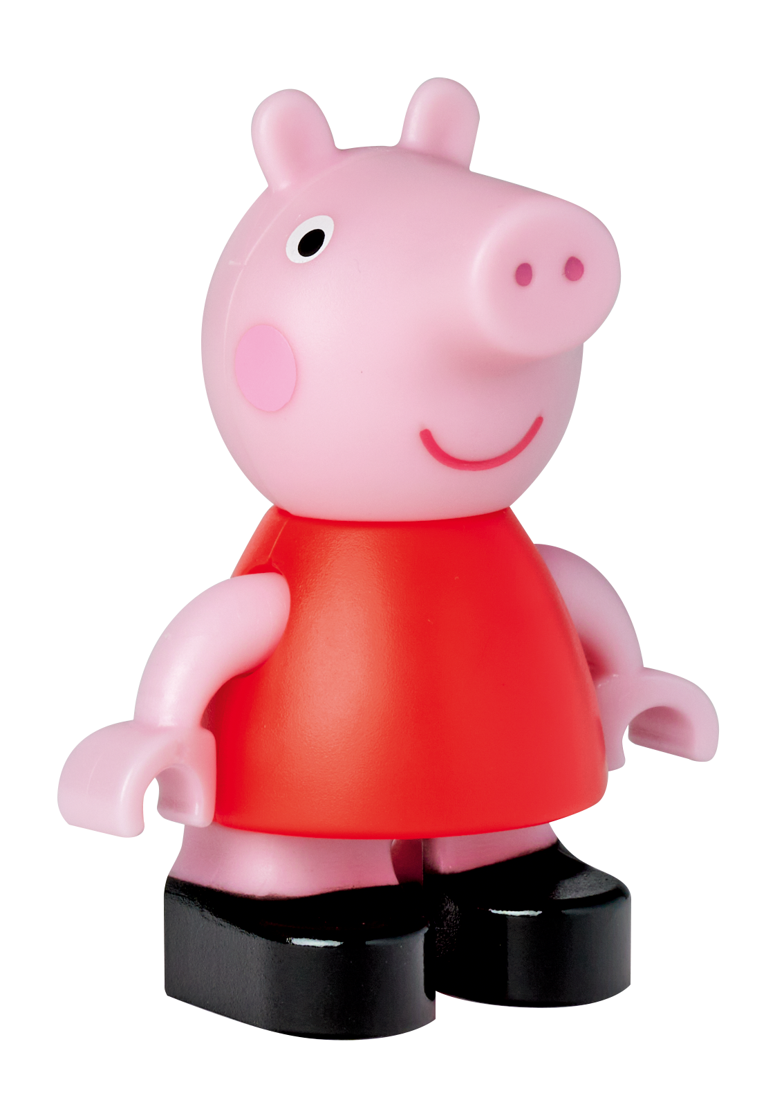 Figur Peppa Wutz, rosa. Trägt rotes Kleid und schwarze Schuhe. Lächelt.