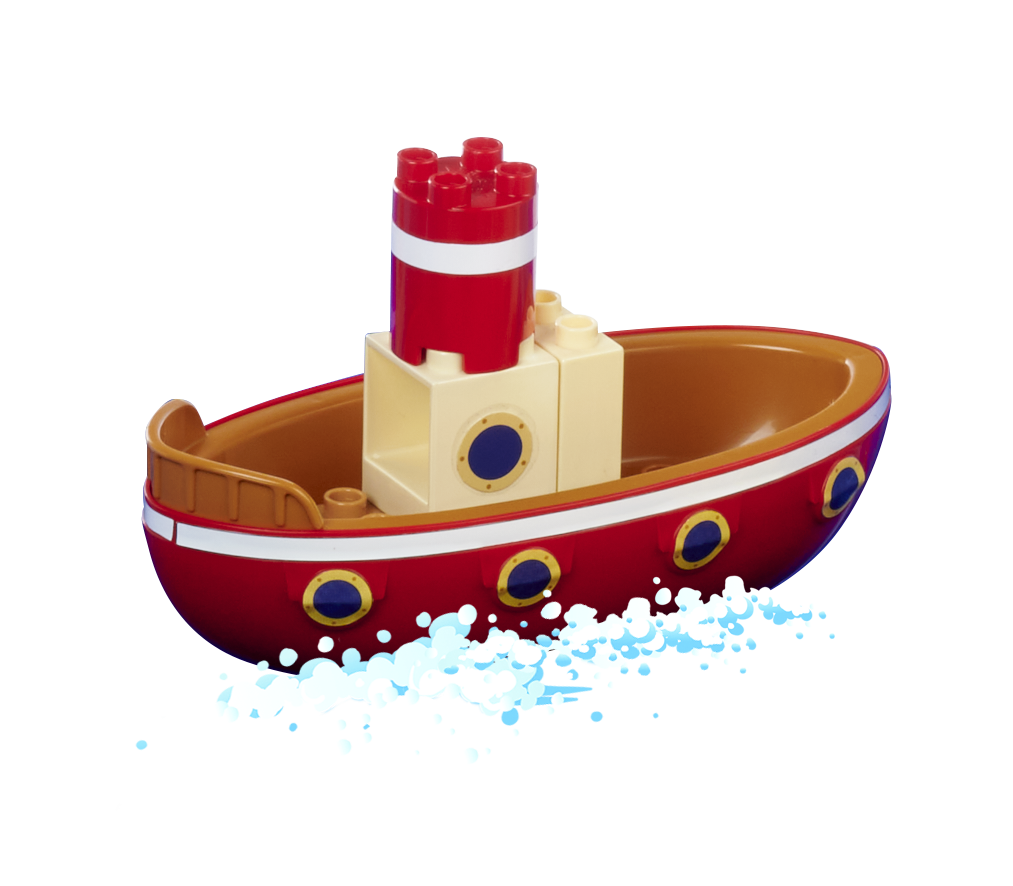 Ein rotes Spielzeugboot mit weißen Akzenten, rotem Schornstein und blauen Wasserspritzern.