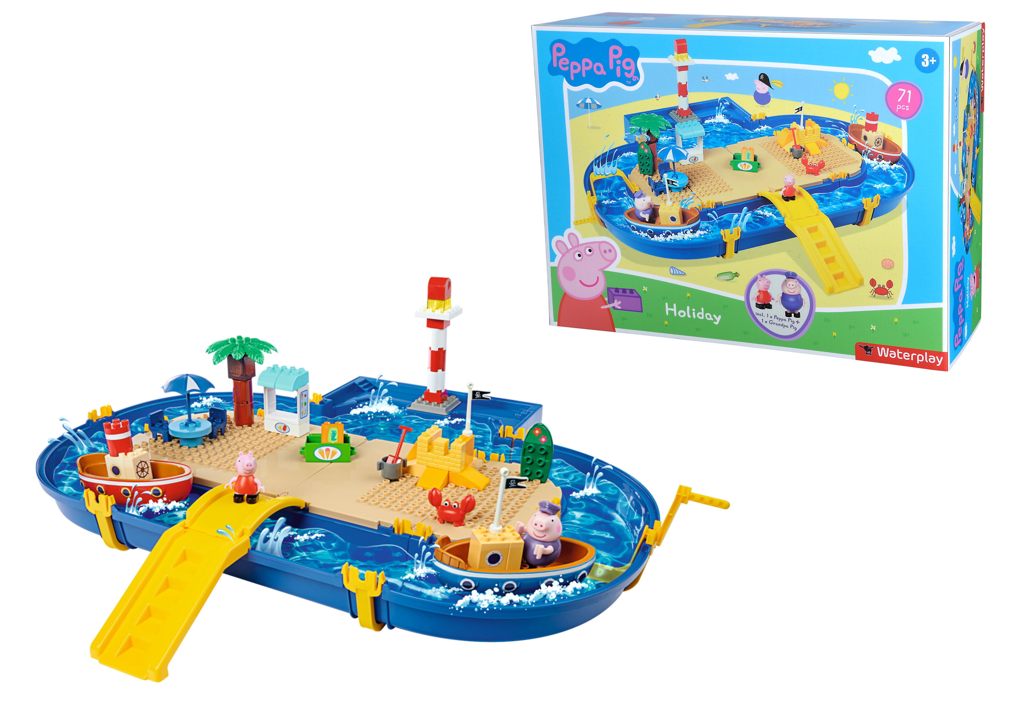 Peppa Wutz Wasserspiel-Set mit Figuren und einer Box, die das Set zeigt.