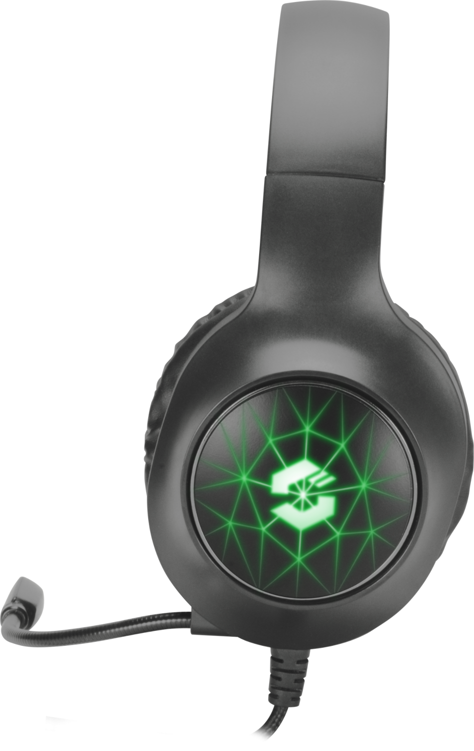 Fekete gamer headset zöld fénnyel a fülkagylókon.