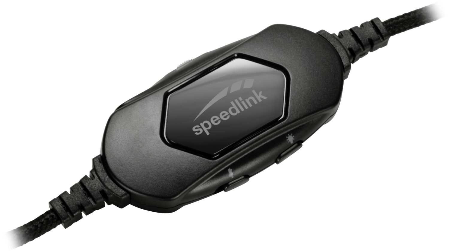 Fekete Speedlink headset vezérlő gombokkal és Speedlink logóval egy fekete kábelen.