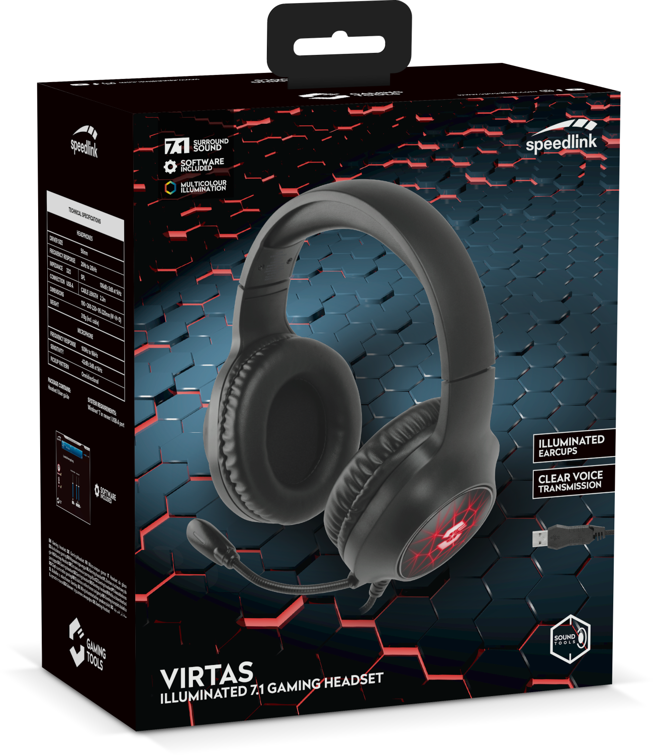 Egy fekete gamer headset megvilágított fülkagylókkal és mikrofonnal, dobozban bemutatva.