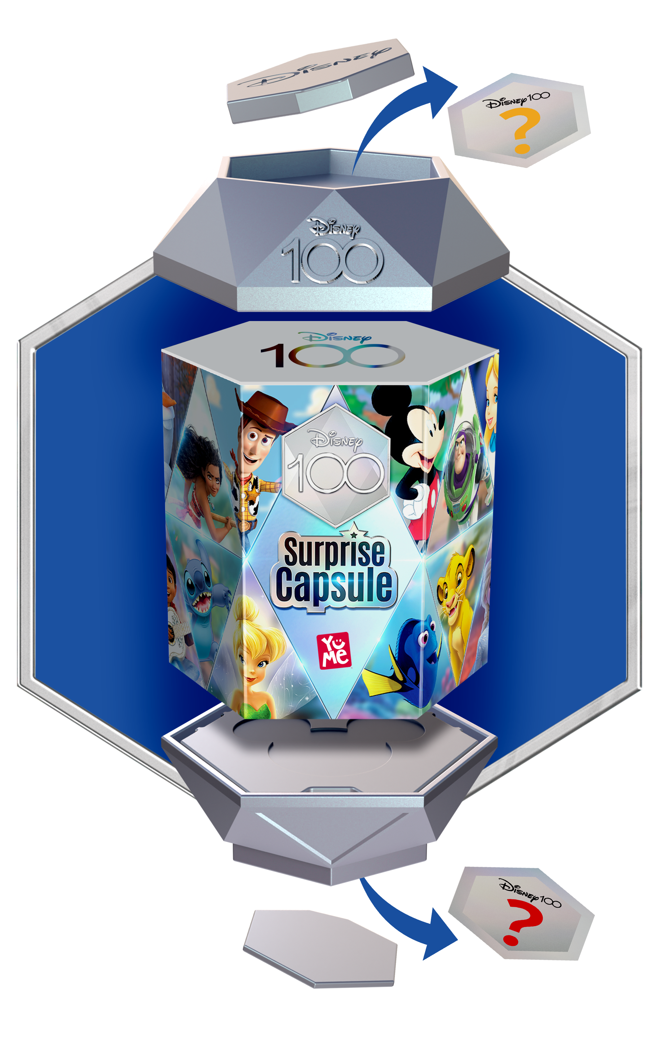 Eine Disney 100 Surprise Capsule mit sechseckiger Form und Bildern von Disney-Figuren.