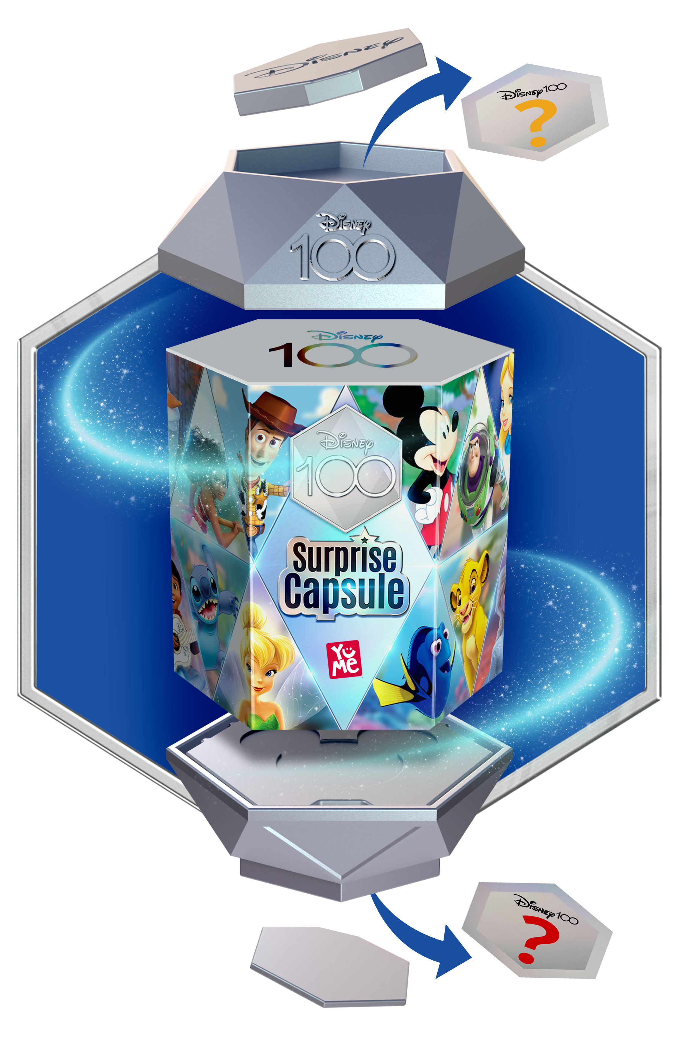 Disney 100 Überraschungskapsel. Ein sechseckiger Behälter mit Disney-Charakteren. Zwei geöffnete Kapselteile.