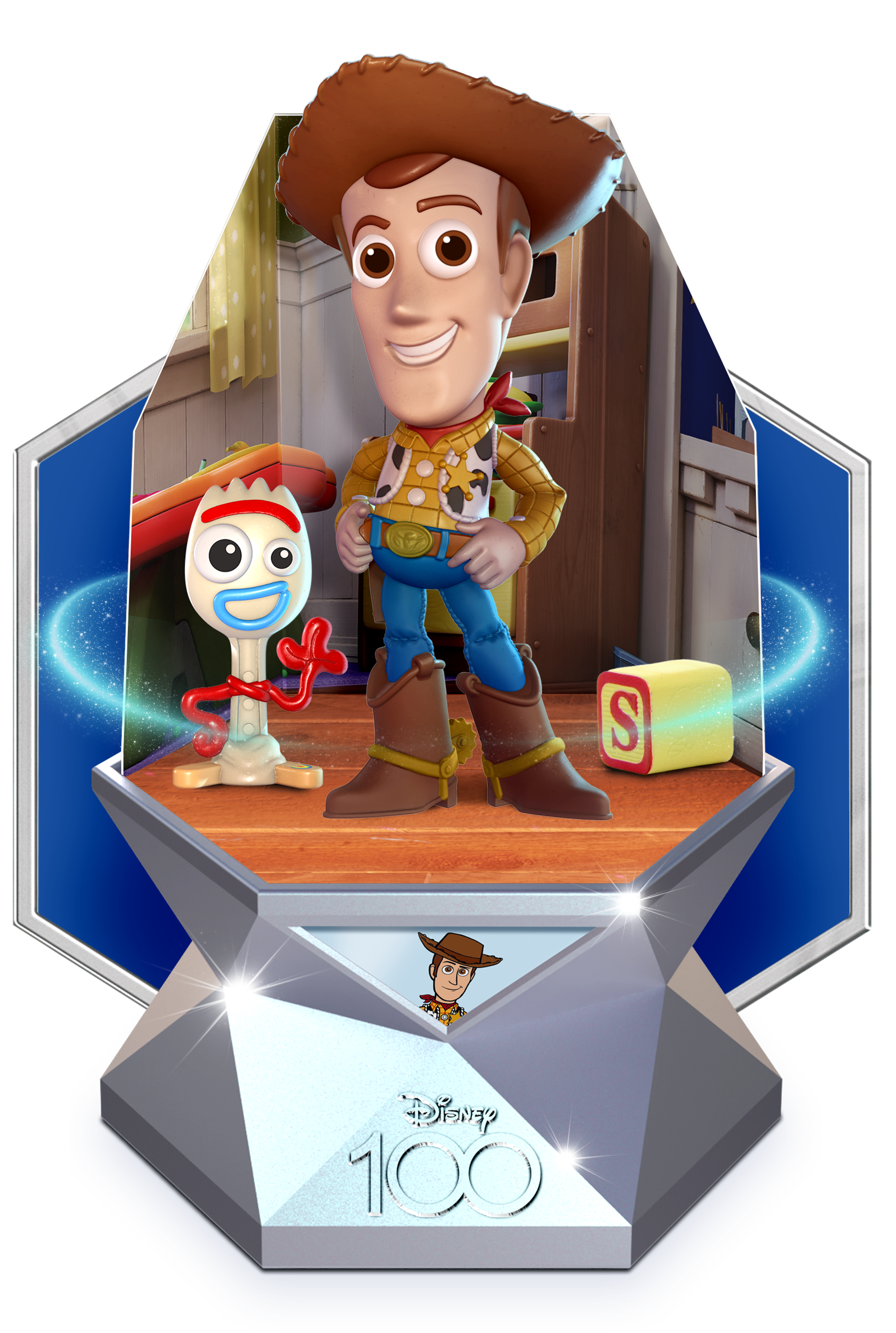 Woody-Spielzeug und Forky auf einem Ständer; Disney 100 Logo unten.