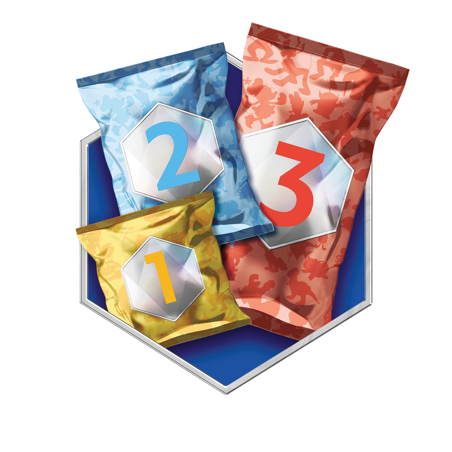 Drei bunte Beutel mit den Nummern 1, 2 und 3, mit blauem Hintergrund, möglicherweise eine Werbegrafik.