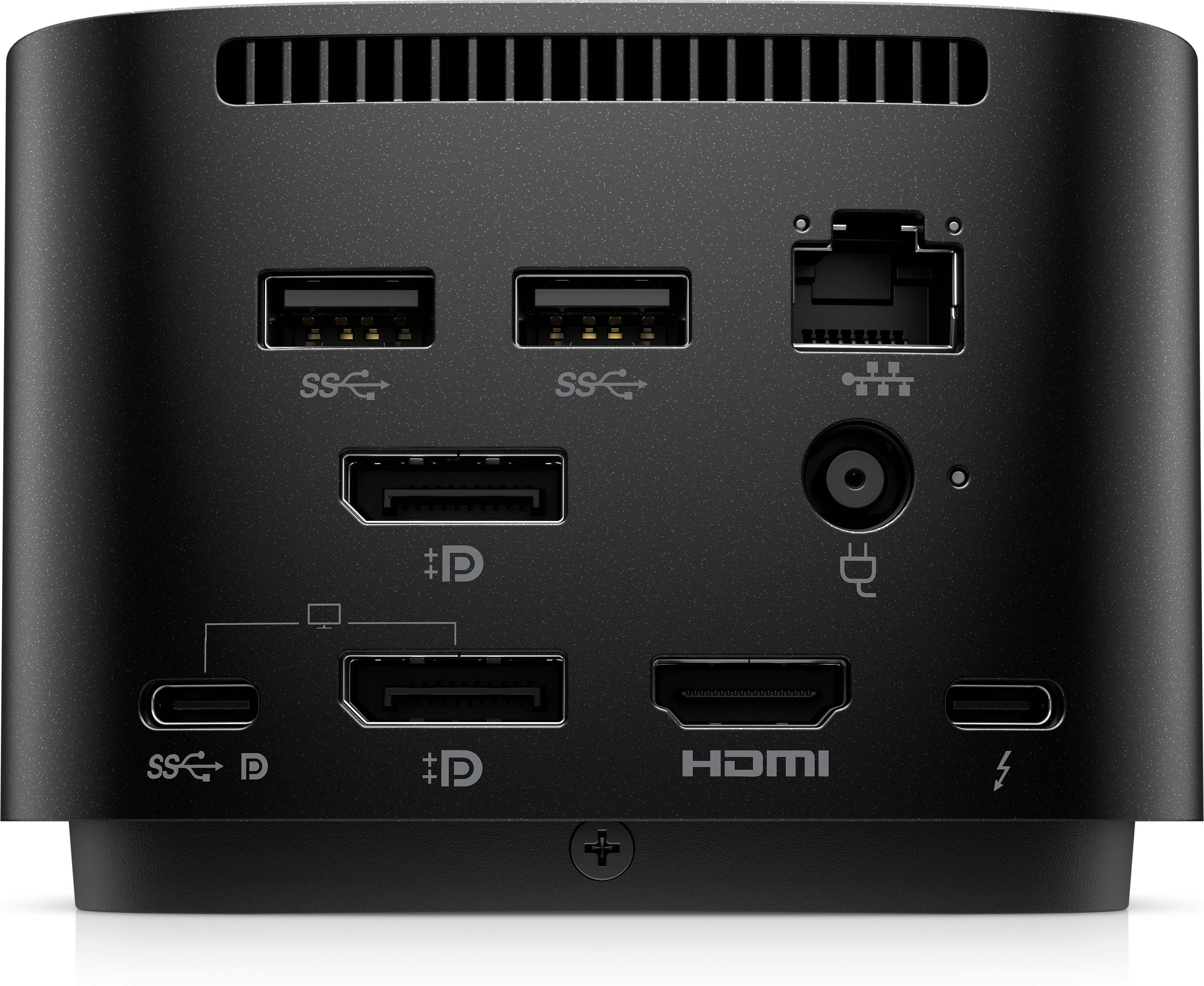 A black device with multiple ports. It has USB, HDMI, and power ports visible.