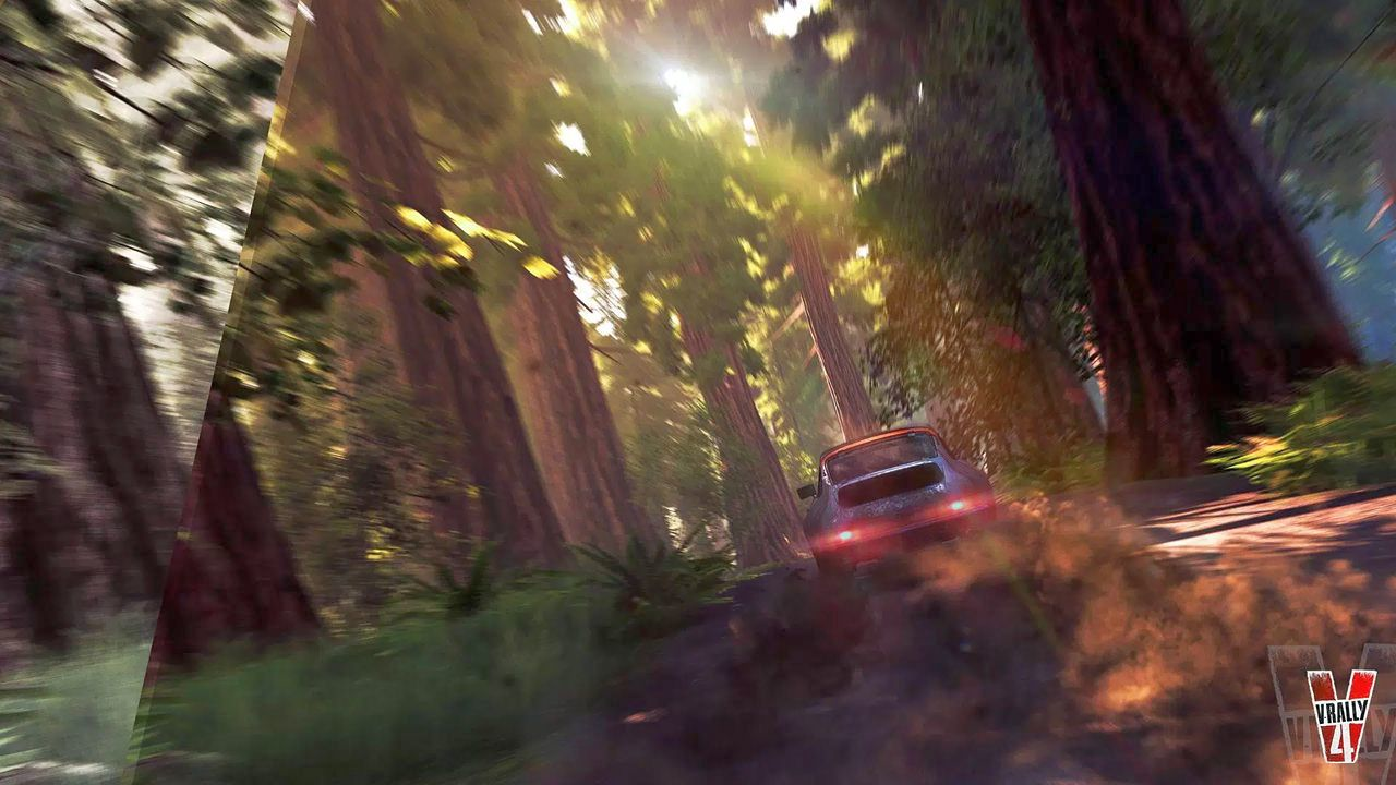 Auto fährt im Wald mit Sonnenlicht, Bäumen und verschwommenem Hintergrund.