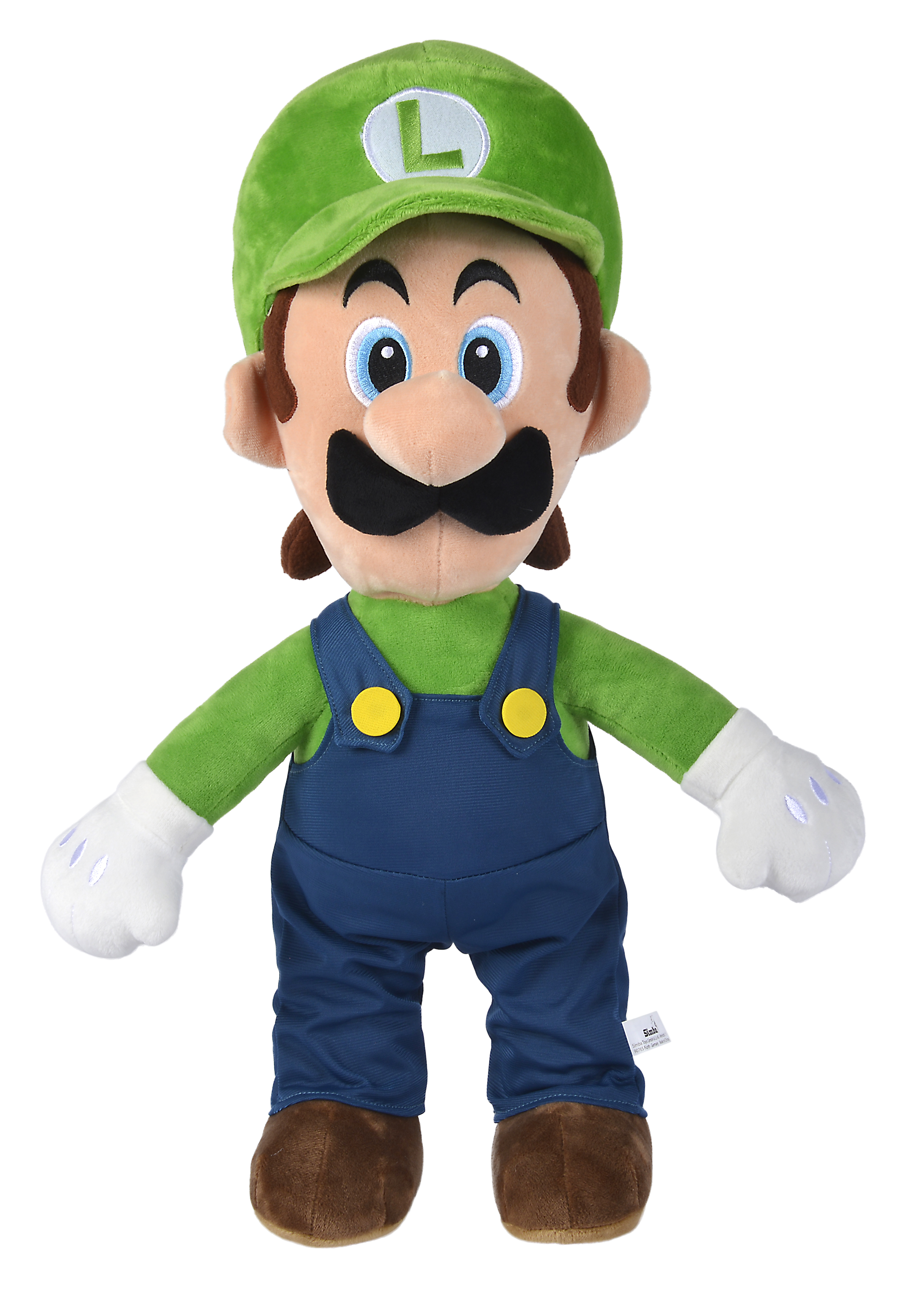 Ein Stofftier von Luigi mit grüner Mütze, blauer Latzhose und braunen Schuhen.
