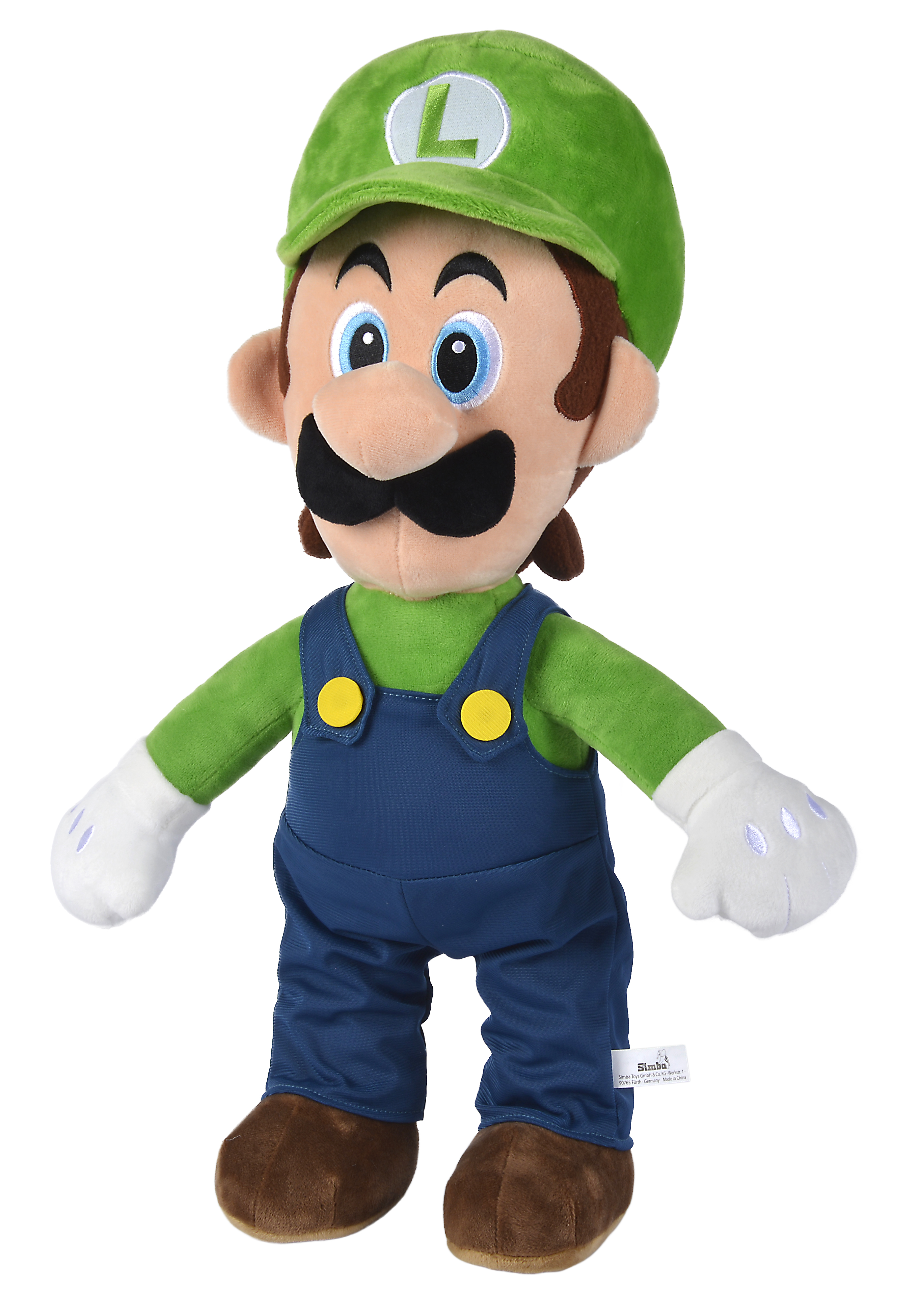 Plüschfigur von Luigi mit grüner Kappe und Latzhose.