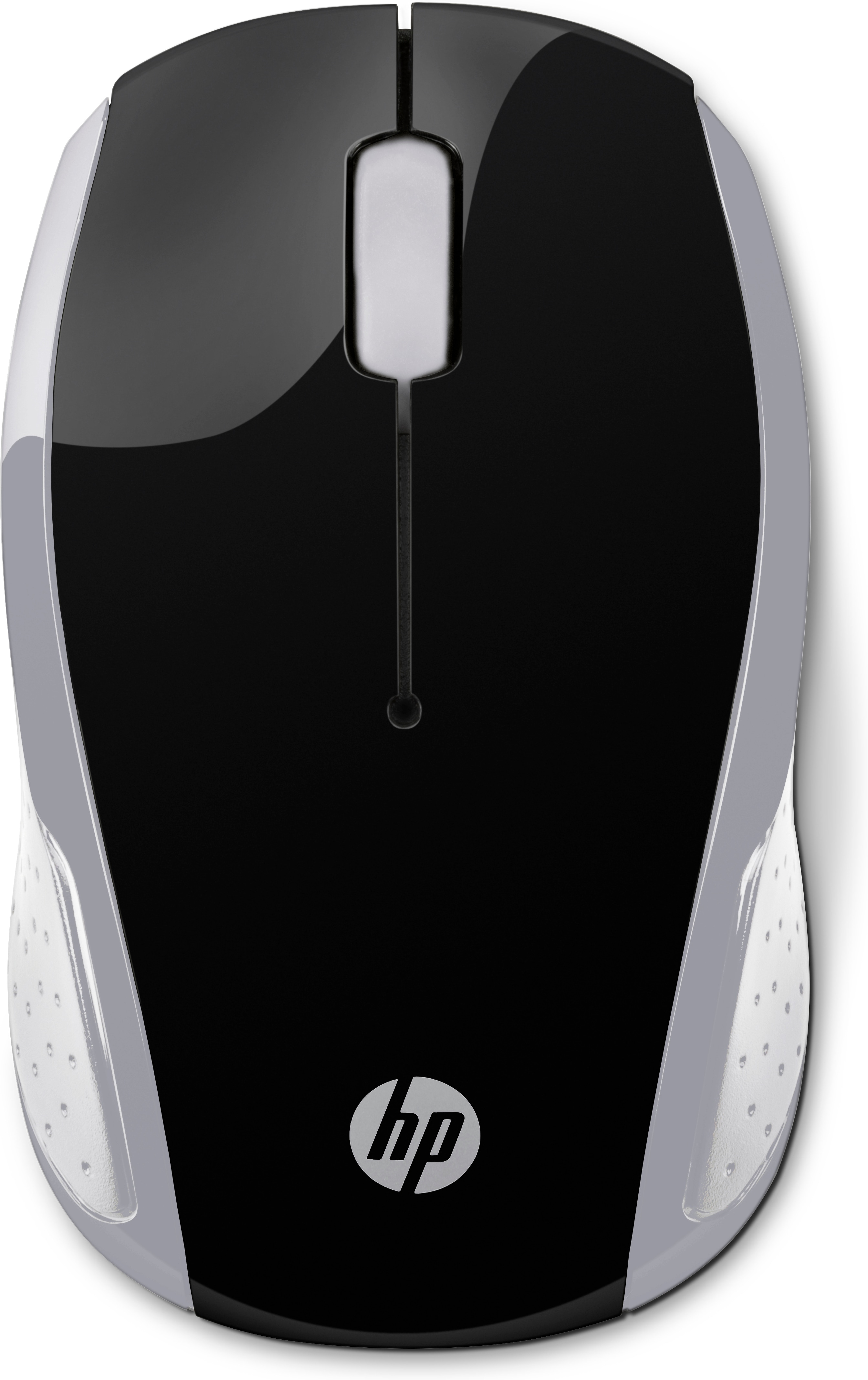 Top view of a black and gray HP mouse. It has a black top, gray sides, and an HP logo.