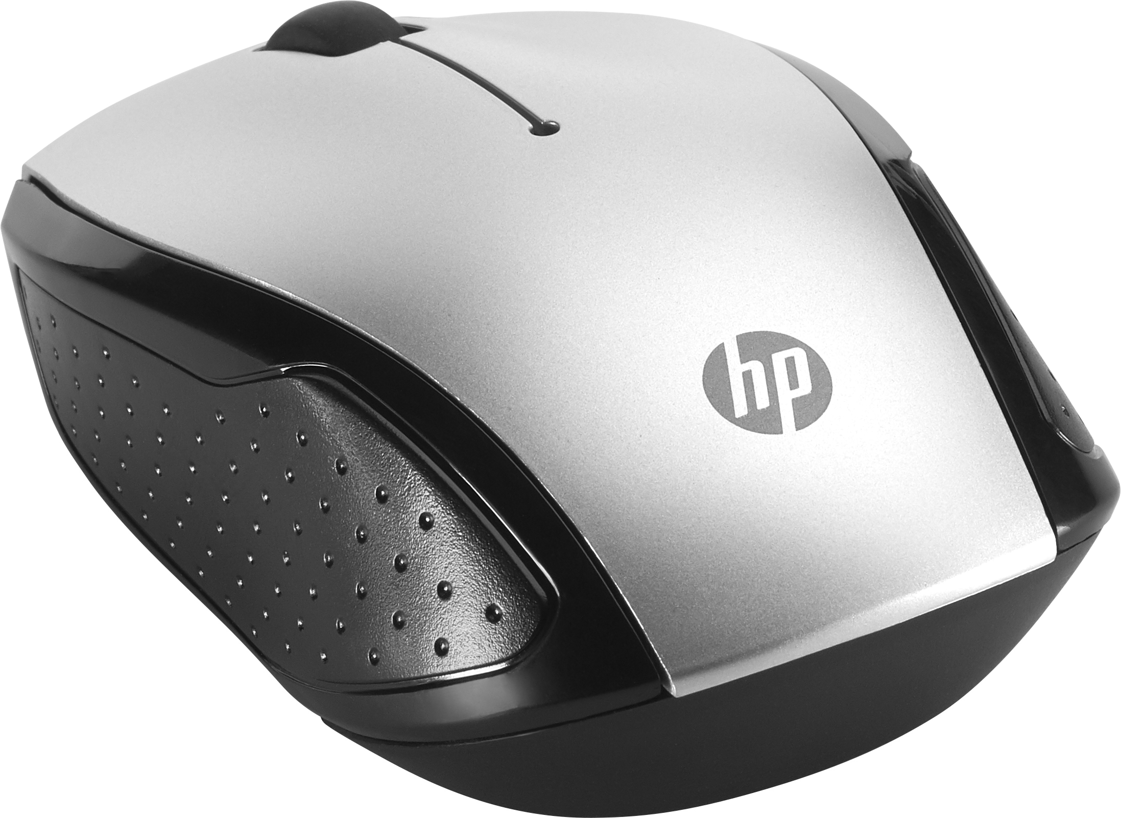 A silver and black HP wireless mouse with a scroll wheel and HP logo.