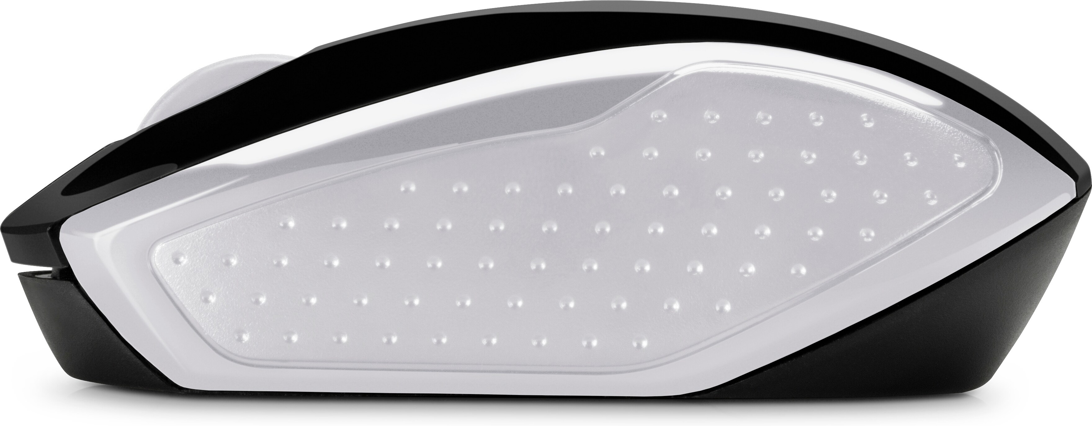 A computer mouse. It's black and silver with a textured surface. The mouse is ergonomic and modern, with a sleek design.