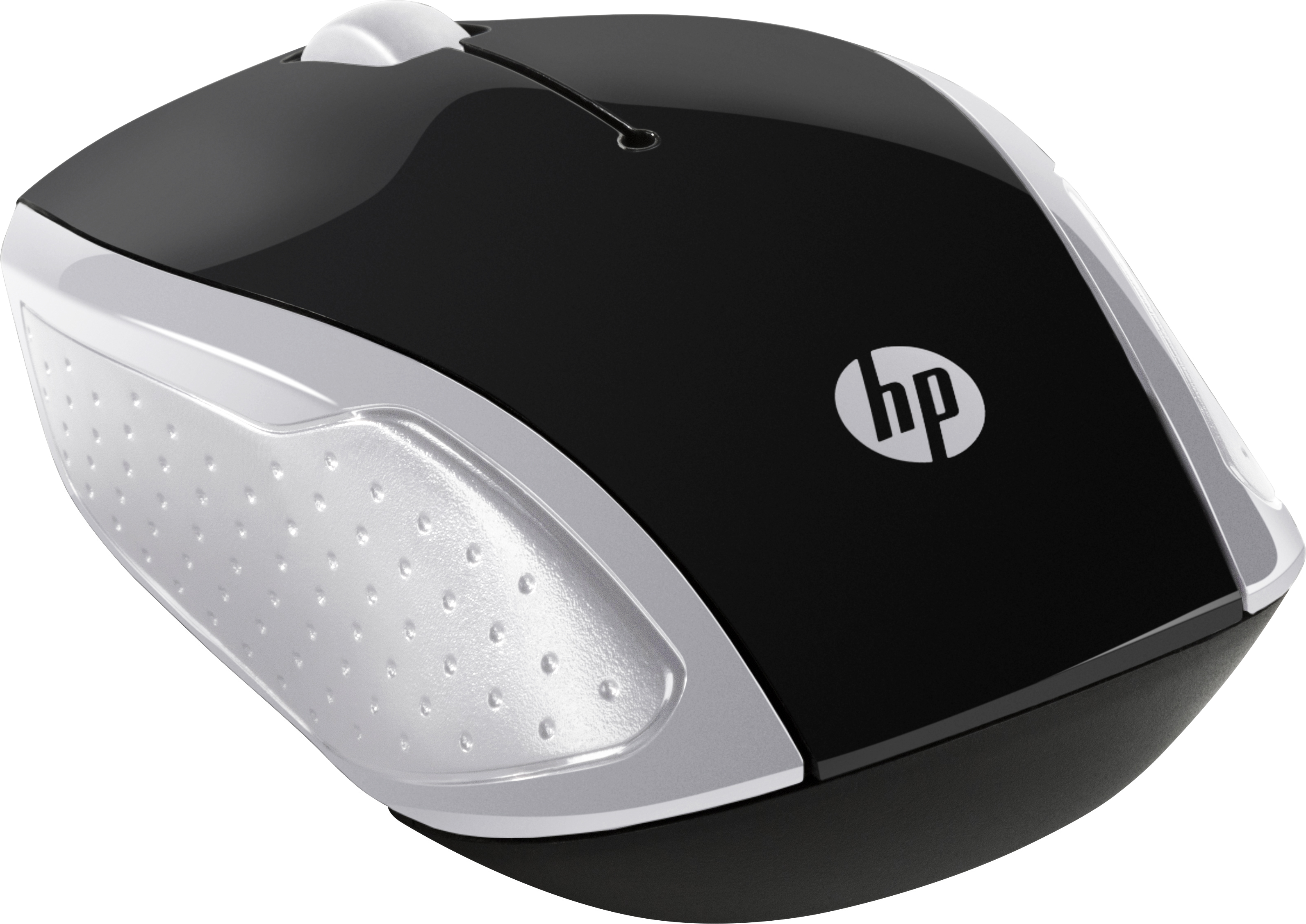 An HP computer mouse. Black top with white sides, silver grip. Has an HP logo.