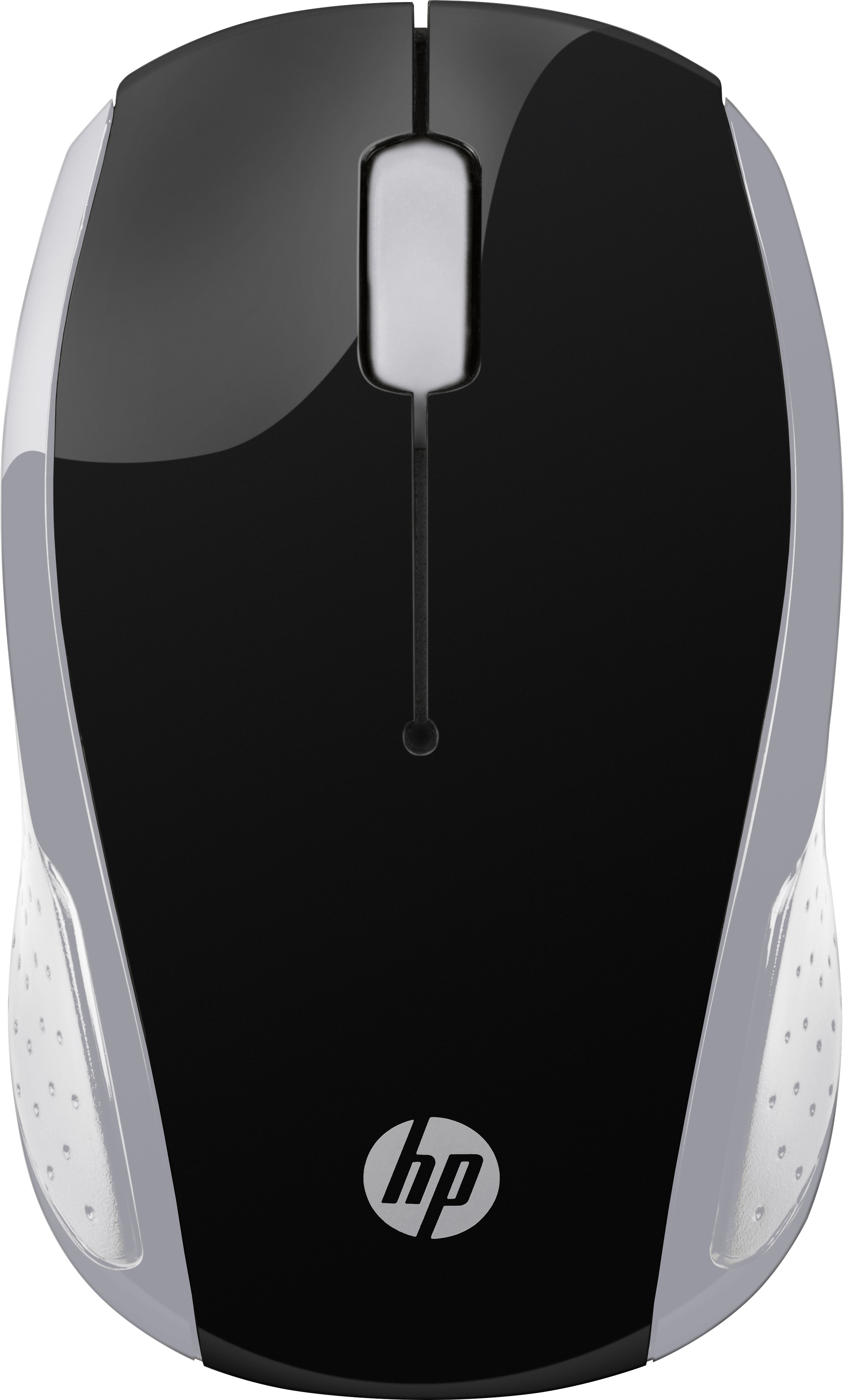 A black and gray HP computer mouse. It has a glossy black top, gray sides with small holes, and the HP logo.