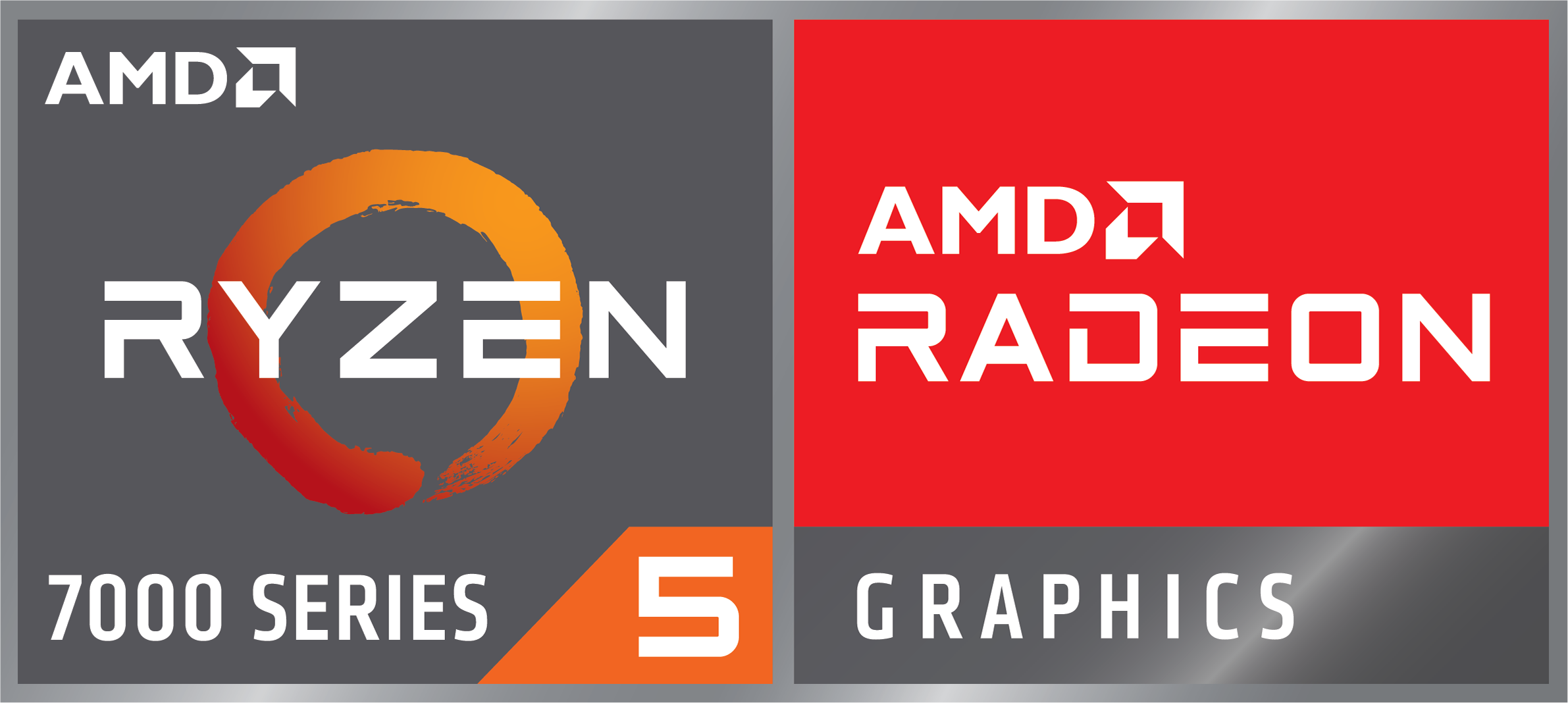 Logo AMD Ryzen 5 et graphiques Radeon sur fond gris et rouge.