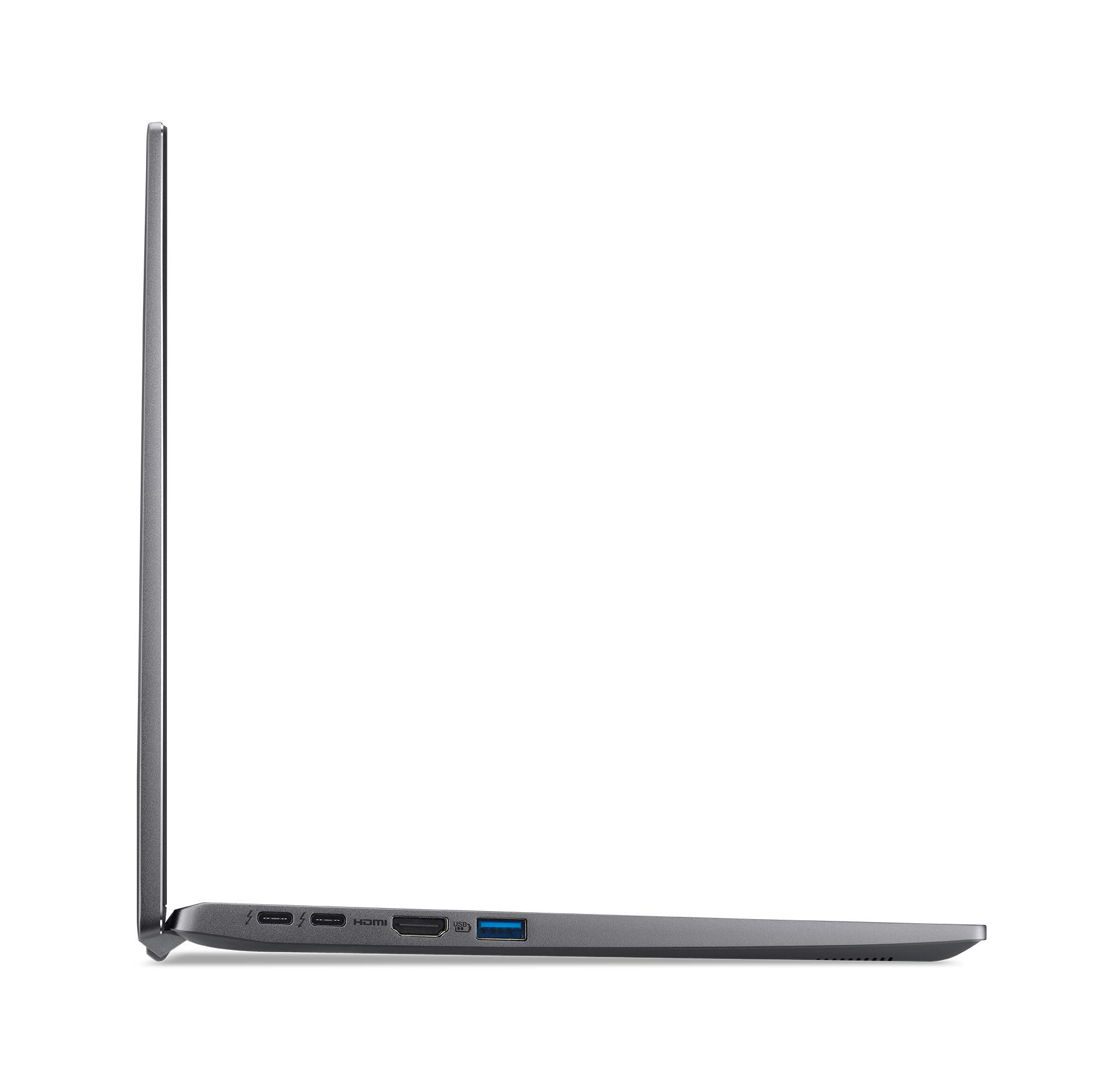 Ein grauer Laptop mit Anschlüssen an der Seite, auf weißem Hintergrund. Der Laptop ist geschlossen.