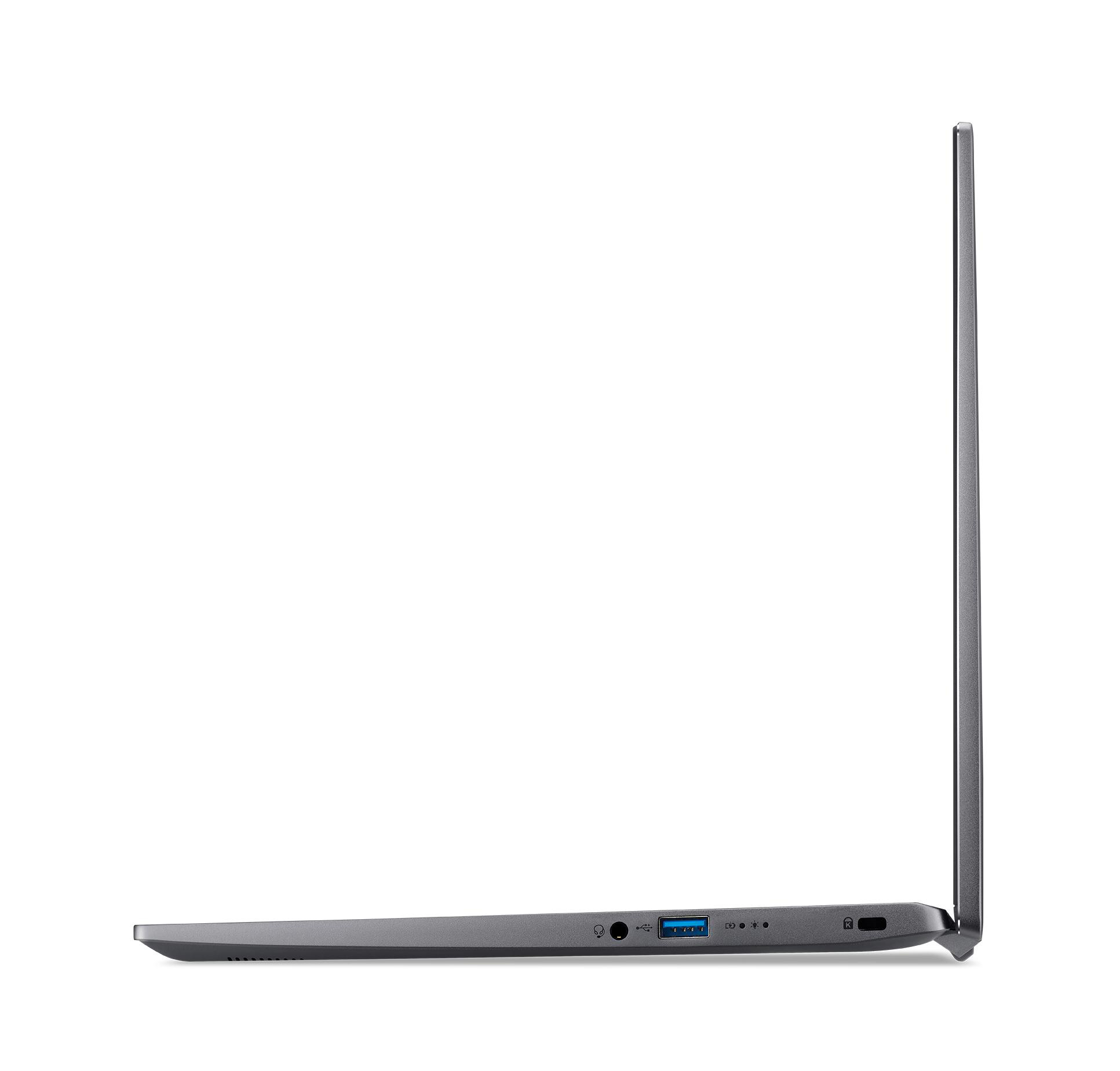 Eine Seitenansicht eines grauen Laptops, die das Profil, die Anschlüsse und einen geöffneten Bildschirm zeigt.