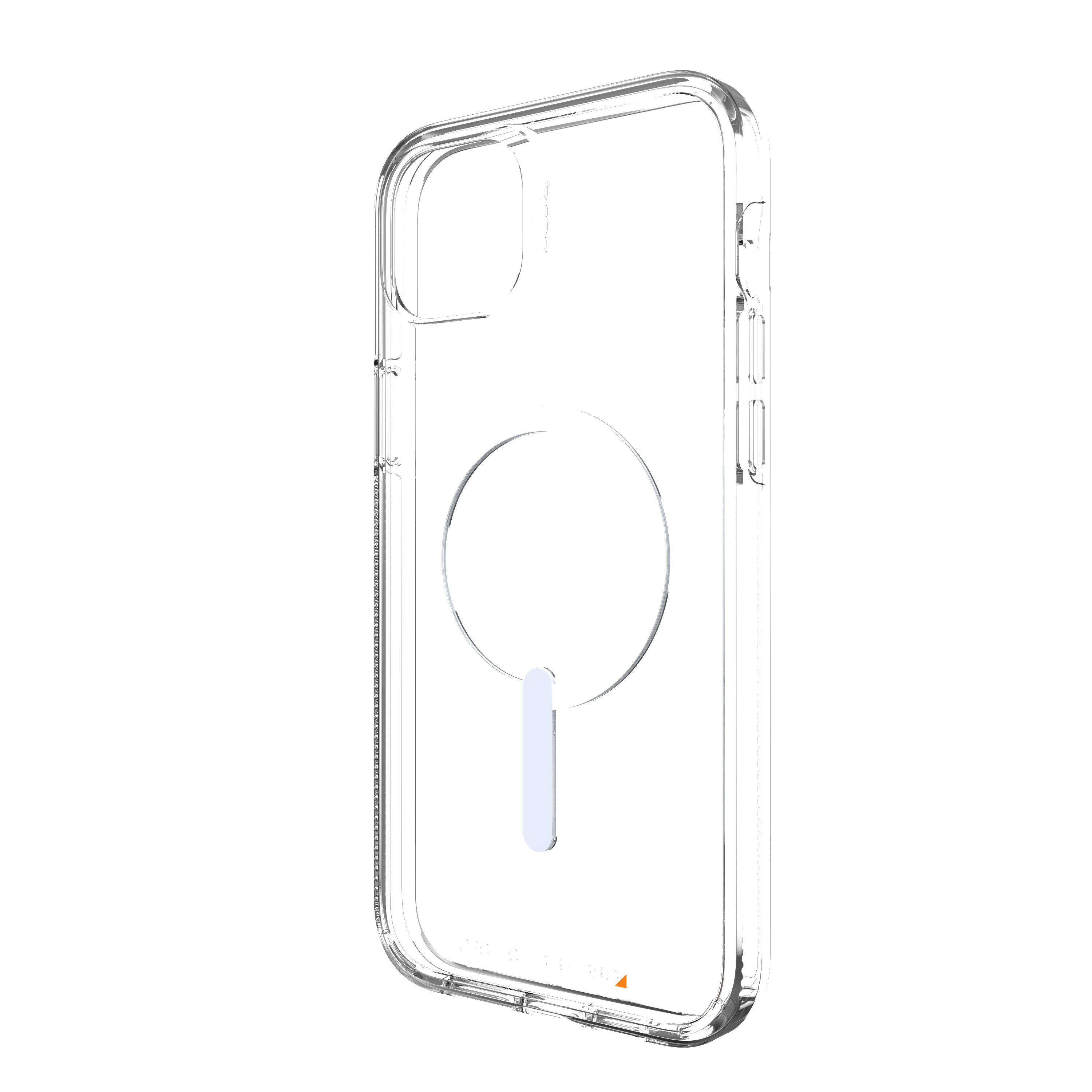 Transparente iPhone-Hülle mit MagSafe-Kreis und Magnet. Hellblauer Magnet.