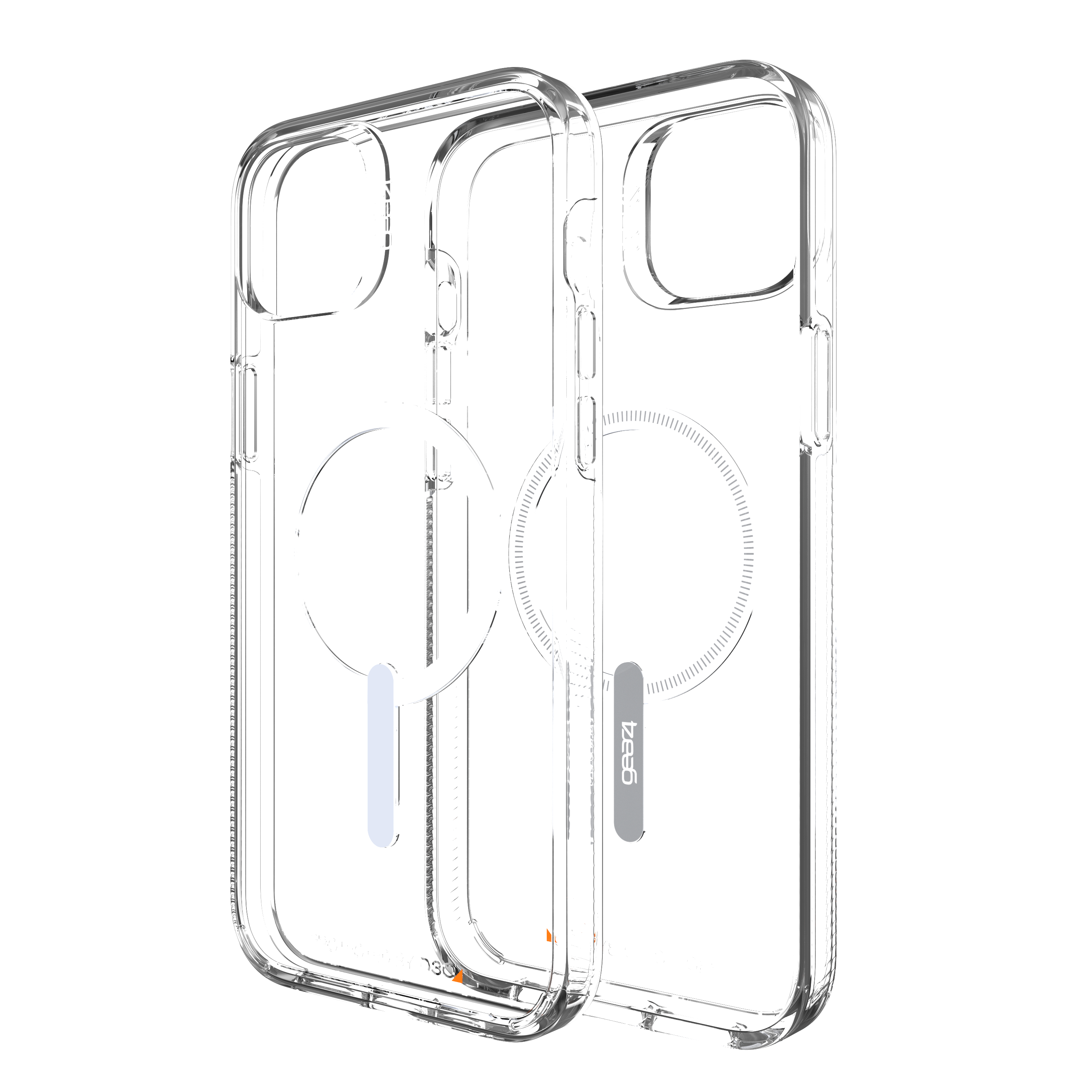 Zwei klare iPhone-Hüllen mit kreisförmigem magnetischem Ladebereich und kleinem Markenlogo.